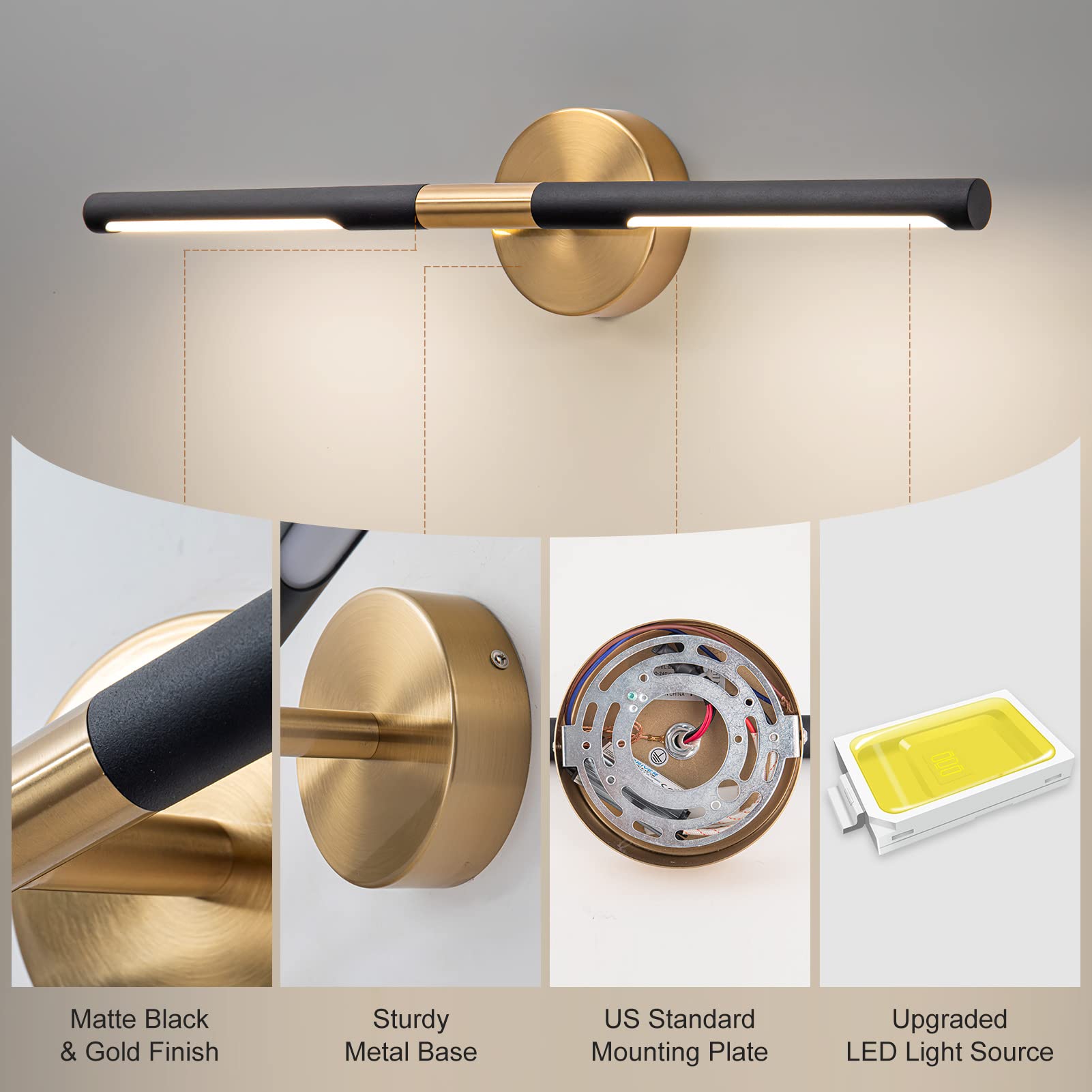 24 Inch Modern LED Vanity Light Bar - 18W 360° Rotatable Dimmable Bathroom Mirror Light Fixture (4000K, Black & Gold) - Perfect for Bathroom Makeovers, Vanity Lighting, and Modern Home Decor