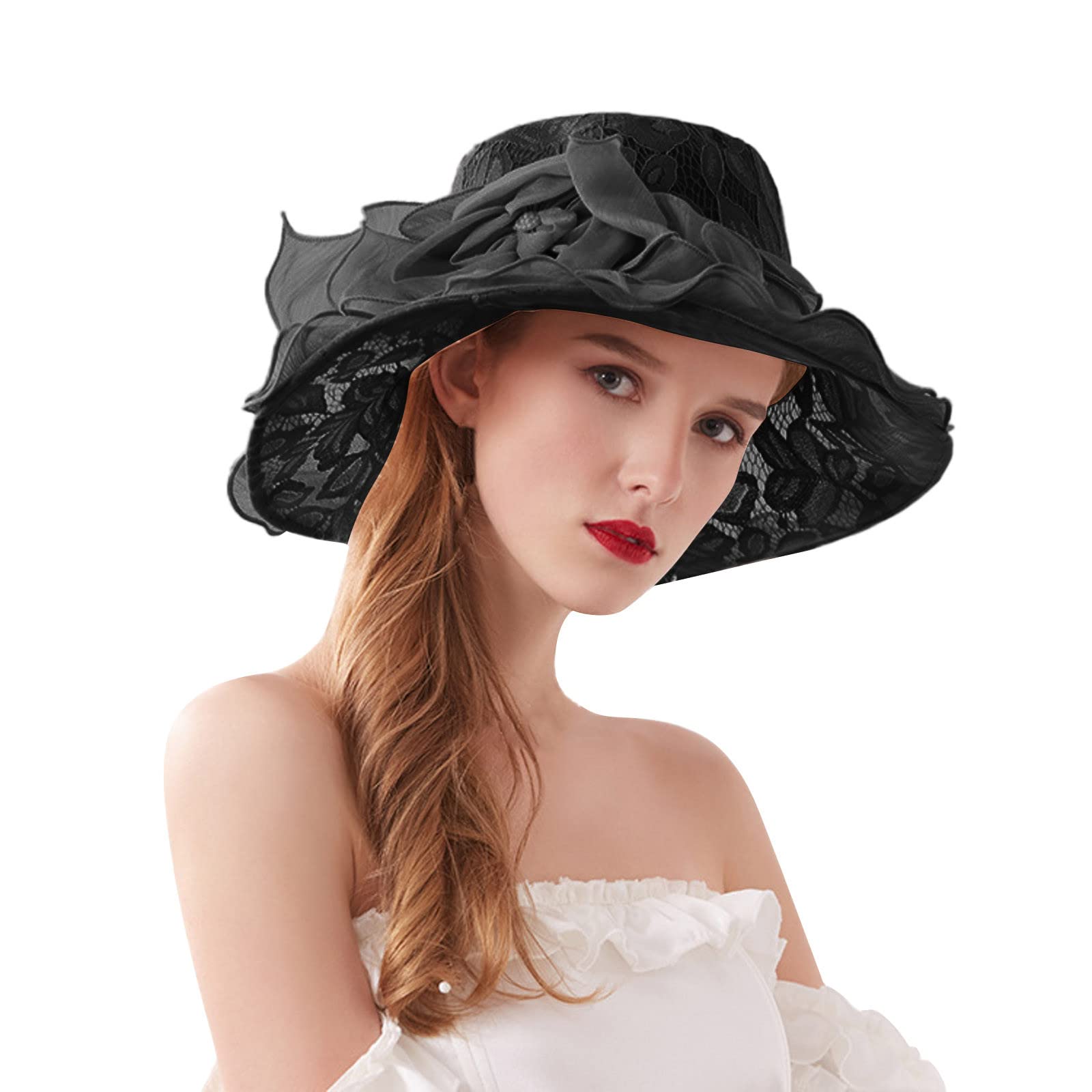 Women's Wide Brim Floppy Sun Hat with Flower Design - Summer Beach Hat for Bridal Shower, Outdoor Parties & Vacation Accessories