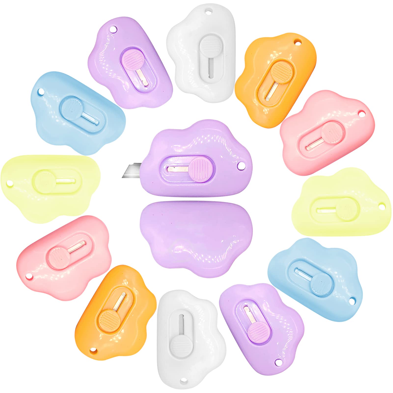 12Pcs Mini Retractable Utility Knives - Cute Cloud Shaped Box Cutters with Keychain Hole | Plastic Letter Openers for Boxes, Envelopes & Packages | Perfect for Office, School, Home & Craft Use