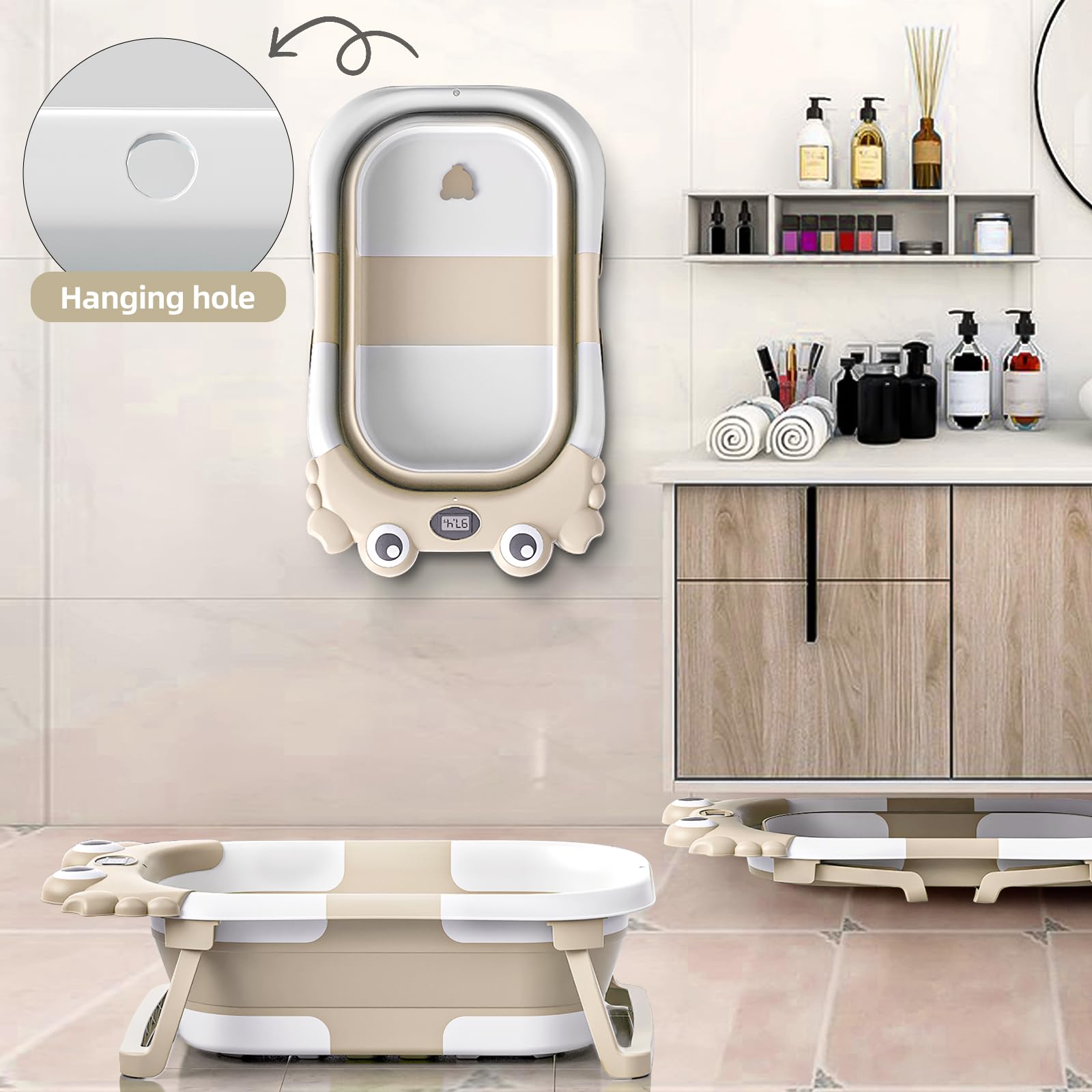 Foldable Baby Bathtub with Temperature Monitor & Floating Cushion - Portable Infant to Toddler Bath Tub (0-36 Months) for Newborns - Ideal for Home, Travel & Daycare Use (Beige)