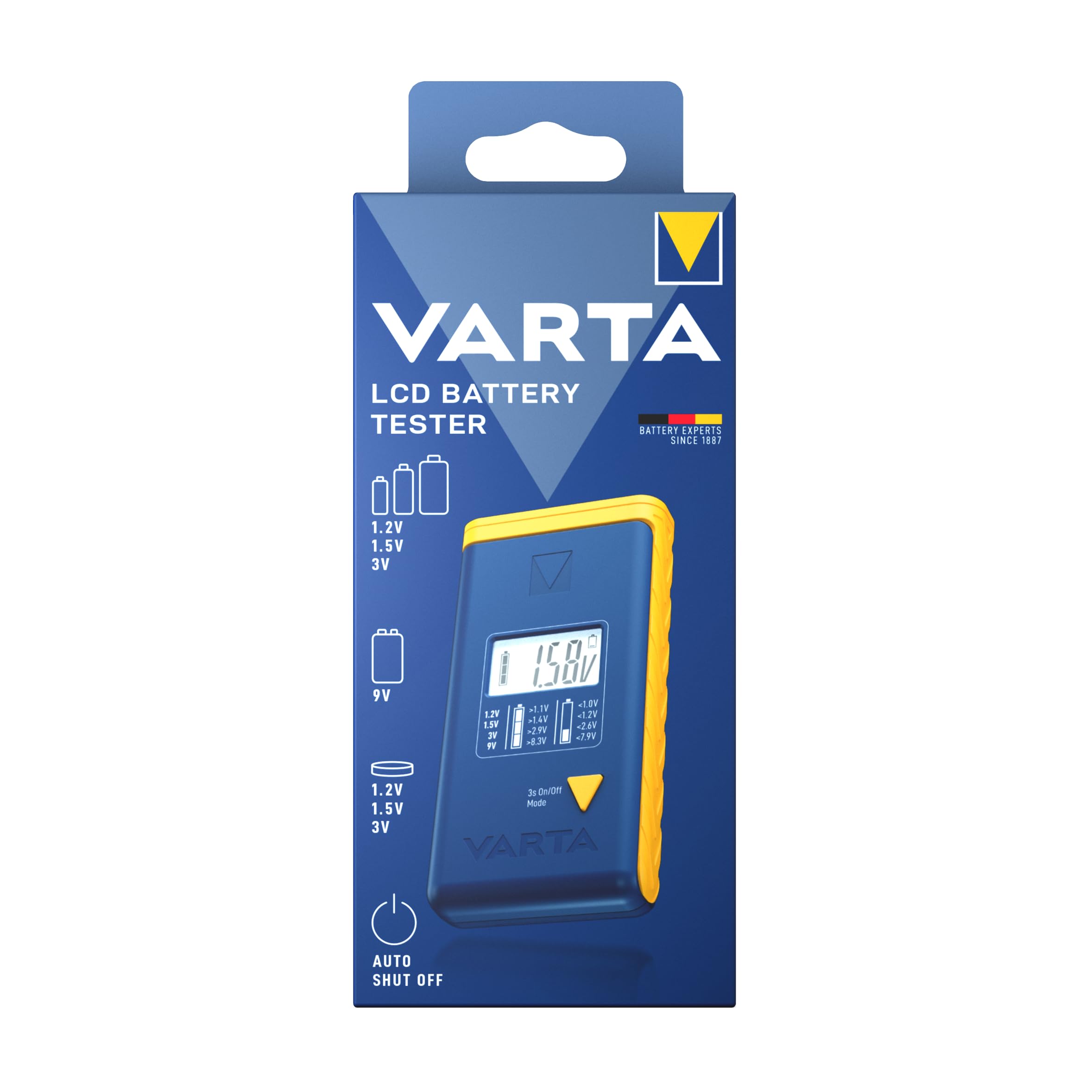 VARTA LCD Digital Battery Tester - Universal Battery Testing Device for AA, AAA, C, D, 9V & Button Cells | Includes 2 x V13GA (LR44) Batteries | Perfect for Home, Office & Electronics Maintenance