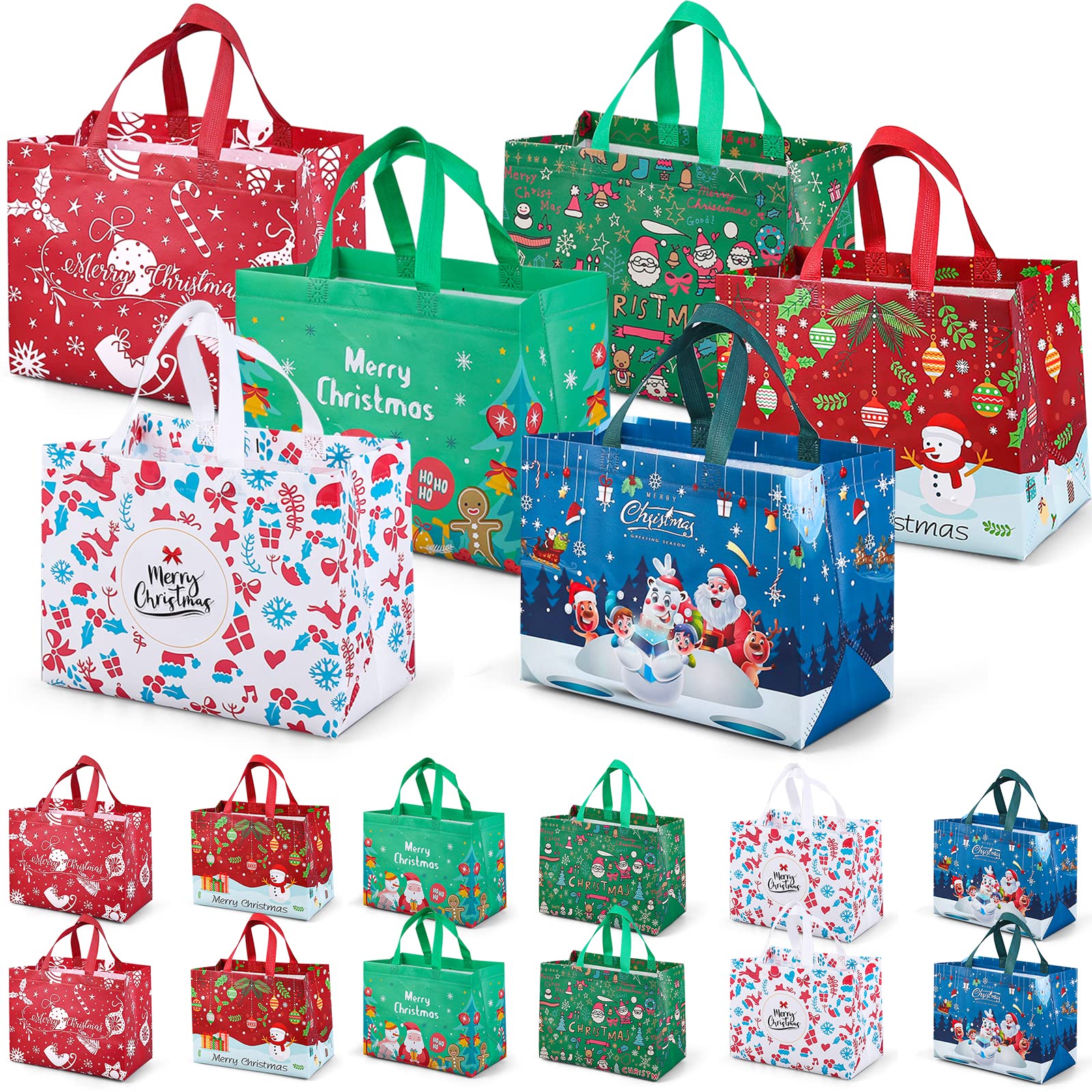 18PCS Large Christmas Gift Bags - Reusable Holiday Tote Bags with Handles, Non-Woven Xmas Gift Wrapping Bags (12.8