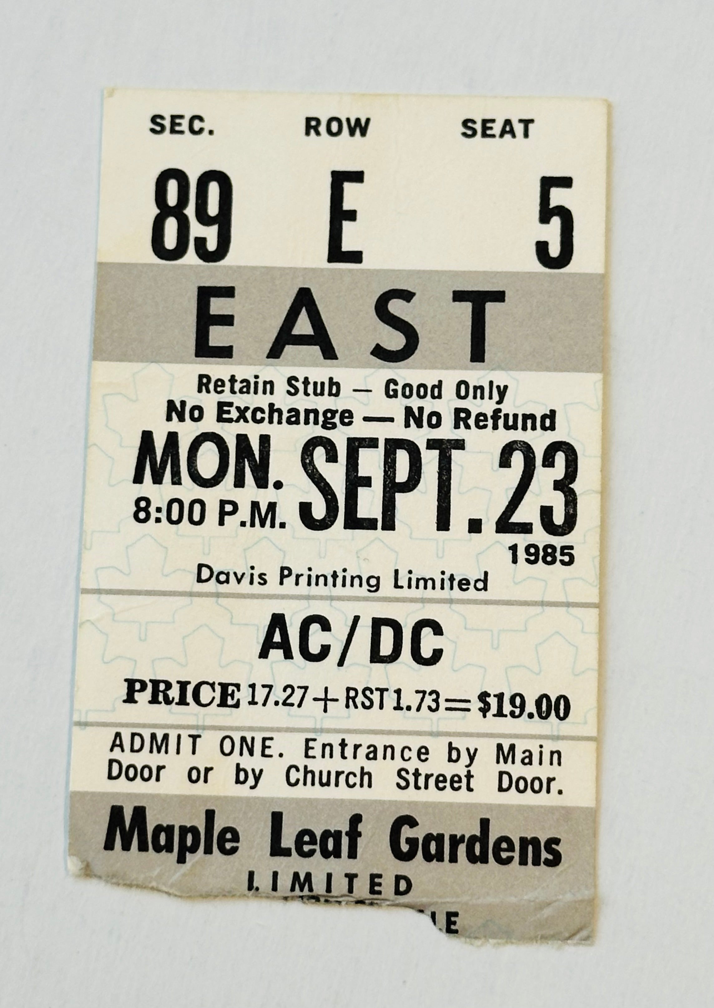 Vintage AC/DC Maple Leaf Gardens Concert Ticket 1985 - Rare Collectible Music Memorabilia for Fans & Collectors - Perfect for Framing, Display, or Gift for Rock Music Enthusiasts