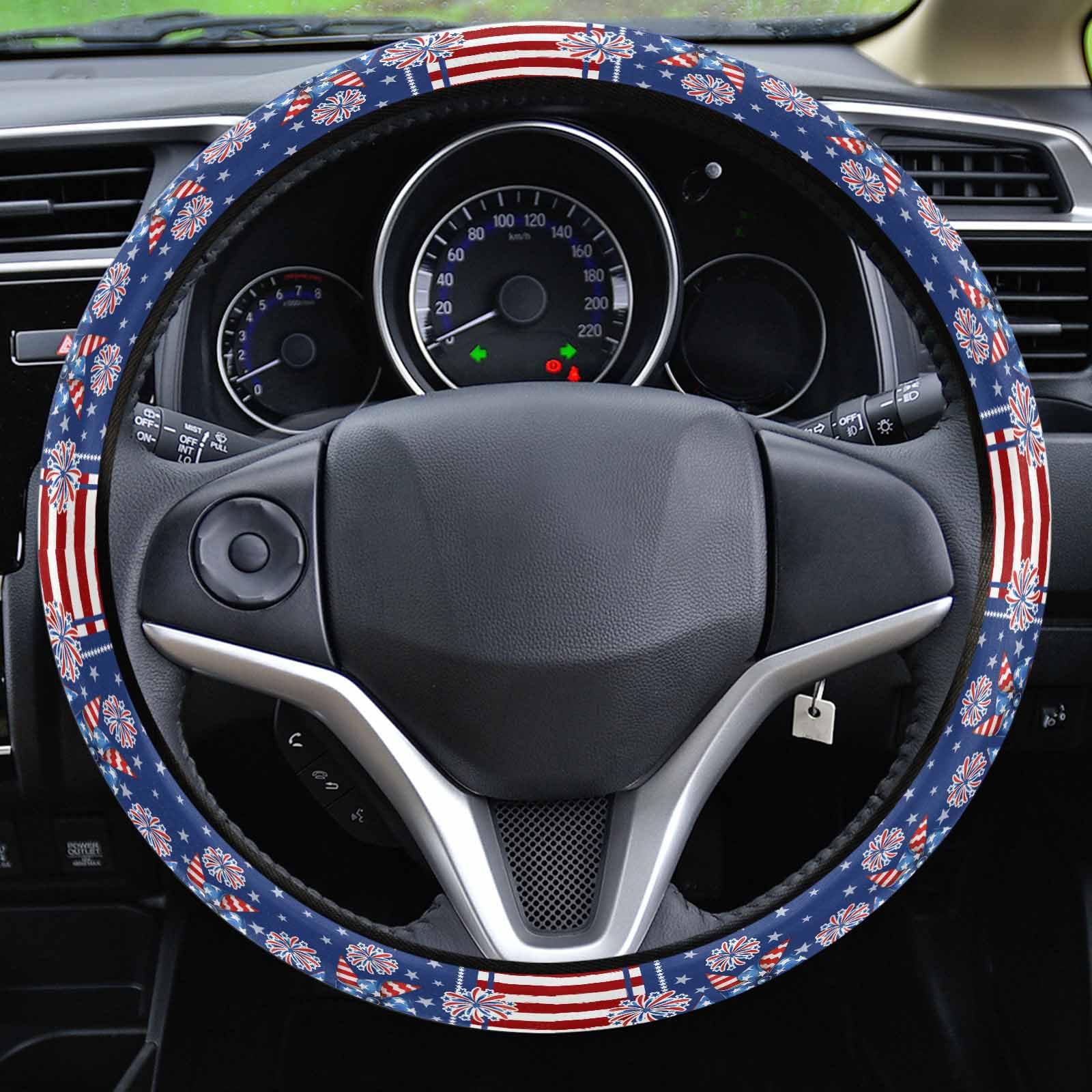 4th of July Themed Steering Wheel Cover - American Flag Stars & Fireworks Design, Red Blue Elastic Sponge Grip, Non-Slip Protective Cover for Cars, SUVs, Trucks & Vans | Perfect for Patriotic Holidays, Road Trips & Summer Driving