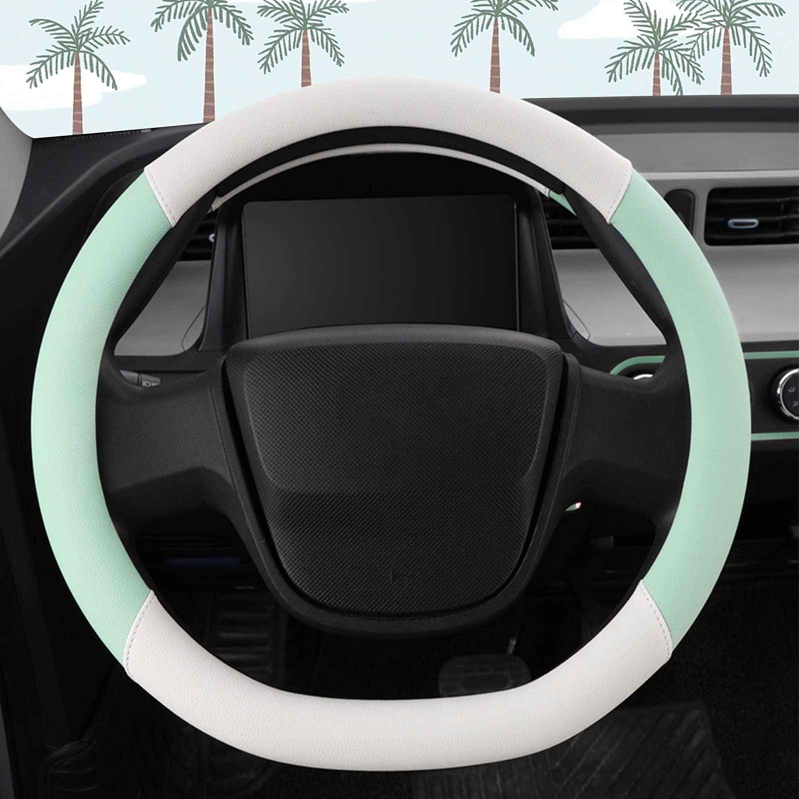 Ergocar D-Shaped Microfiber PU Leather Steering Wheel Cover - 15 Inch (38cm) Anti-Slip Breathable Car Accessory for Women, Soft Morandi Green Macaron Design - Perfect for Daily Commute, Road Trips & Gift Giving