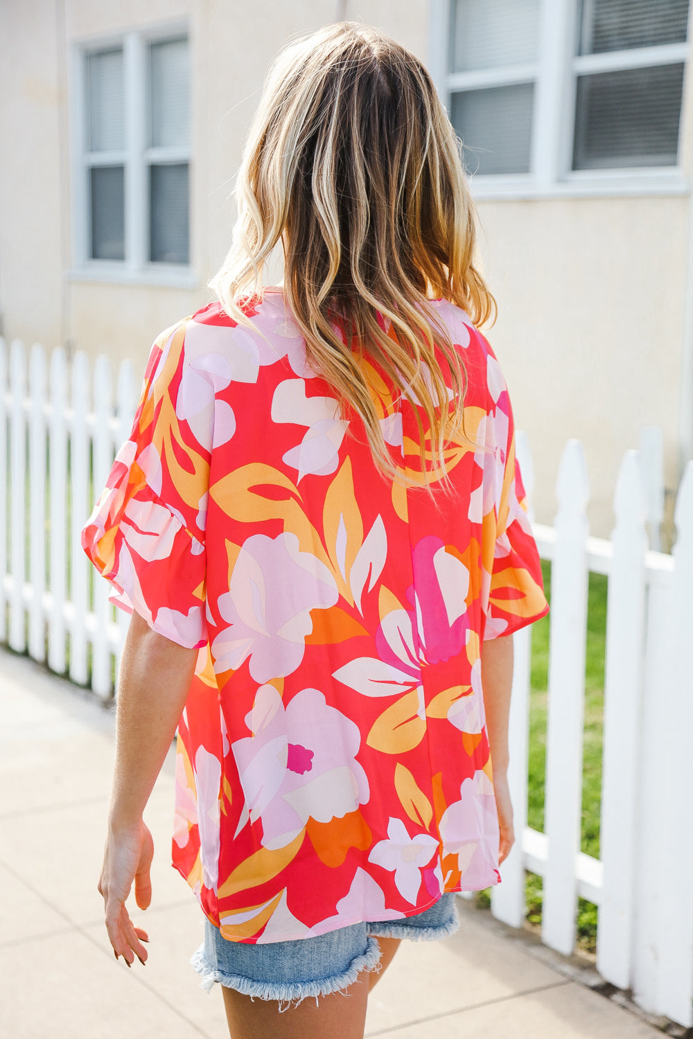 Haptics Tropical Vibes Peach Floral Dolman Ruffle Sleeve Blouse - Women's Casual Summer Top for Beach Vacation & Boho Outfits
