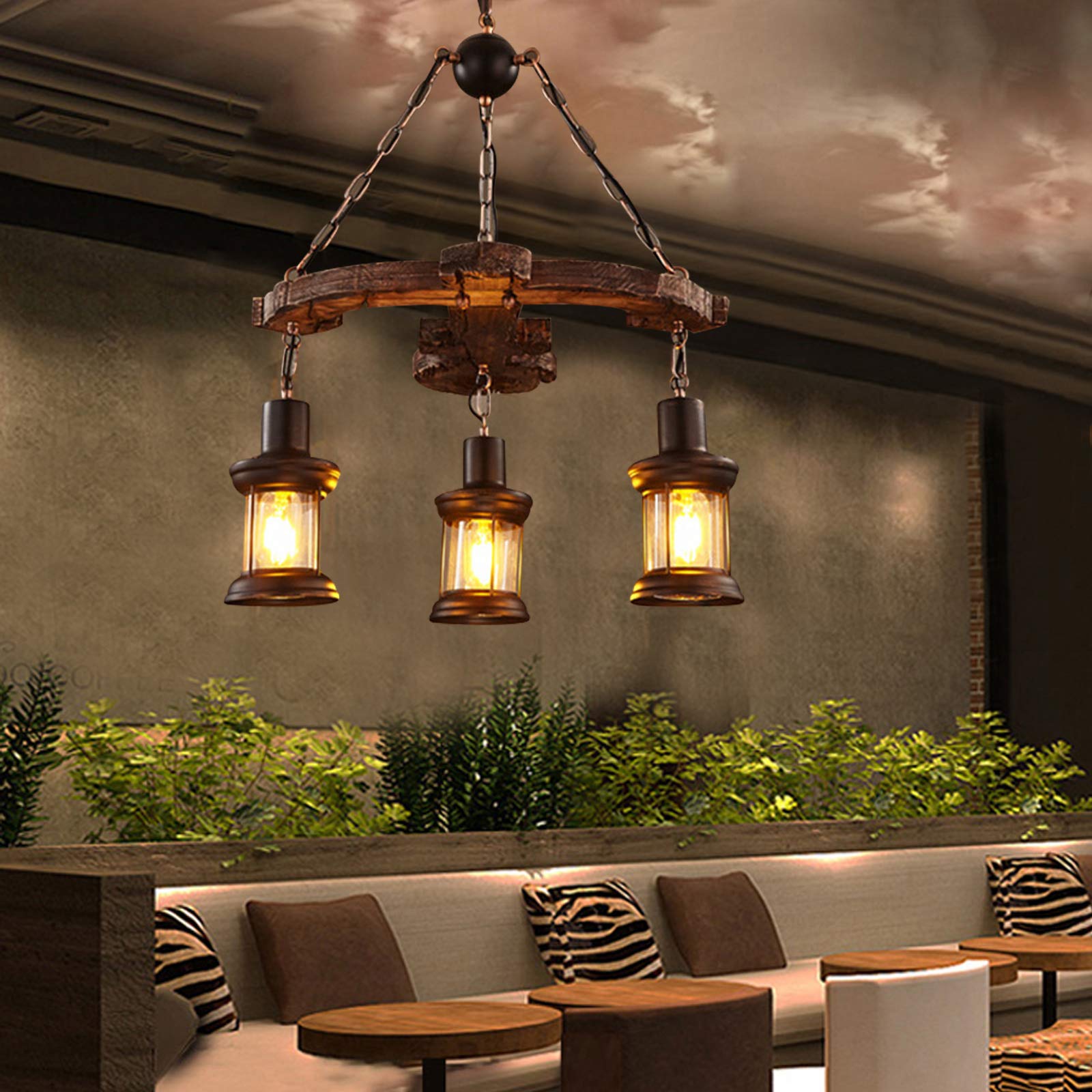 TFCFL Industrial 3-Light Chandelier - Retro Anchor Wooden Island Pendant Lamp - Hanging Ceiling Fixture for Indoor, Bar, Restaurant - Perfect for Farmhouse, Loft & Industrial Decor