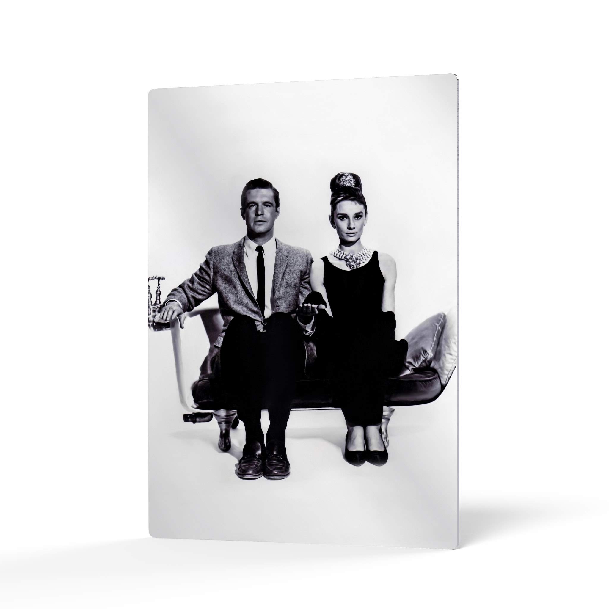 Vintage Audrey Hepburn & George Peppard Metal Wall Art - Breakfast at Tiffany's Black & White Iconic Movie Scene - 40x30 Inches Framed Metal Print for Bedroom, Living Room, Office & Home Theater Decor