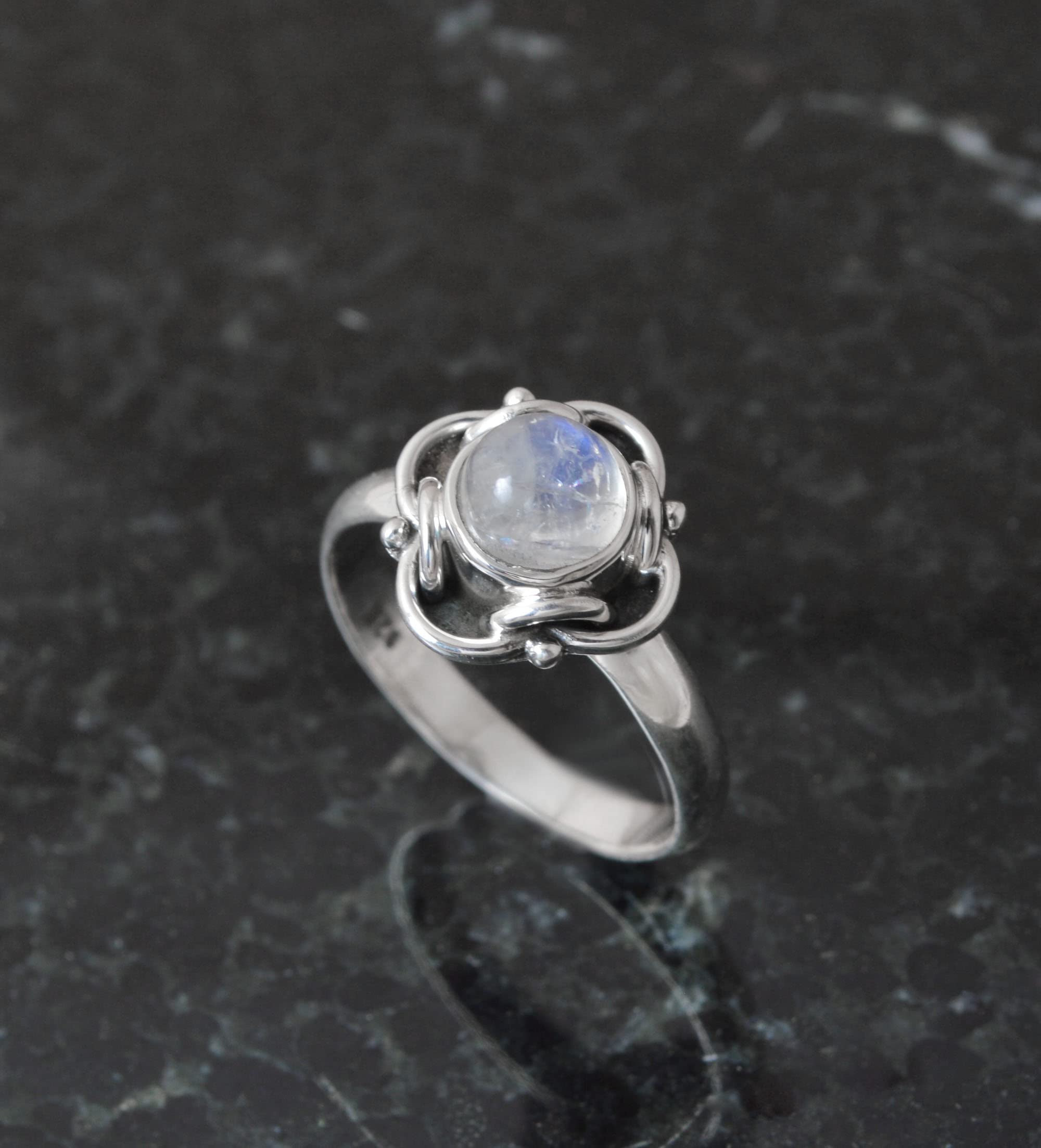 Natural Moonstone Ring for Women - 925 Sterling Silver Handmade Bohemian Jewelry, Round Moonstone Gemstone, Minimalist Mother's Gift (Size 7) | Perfect for Weddings, Date Nights & Boho Fashion