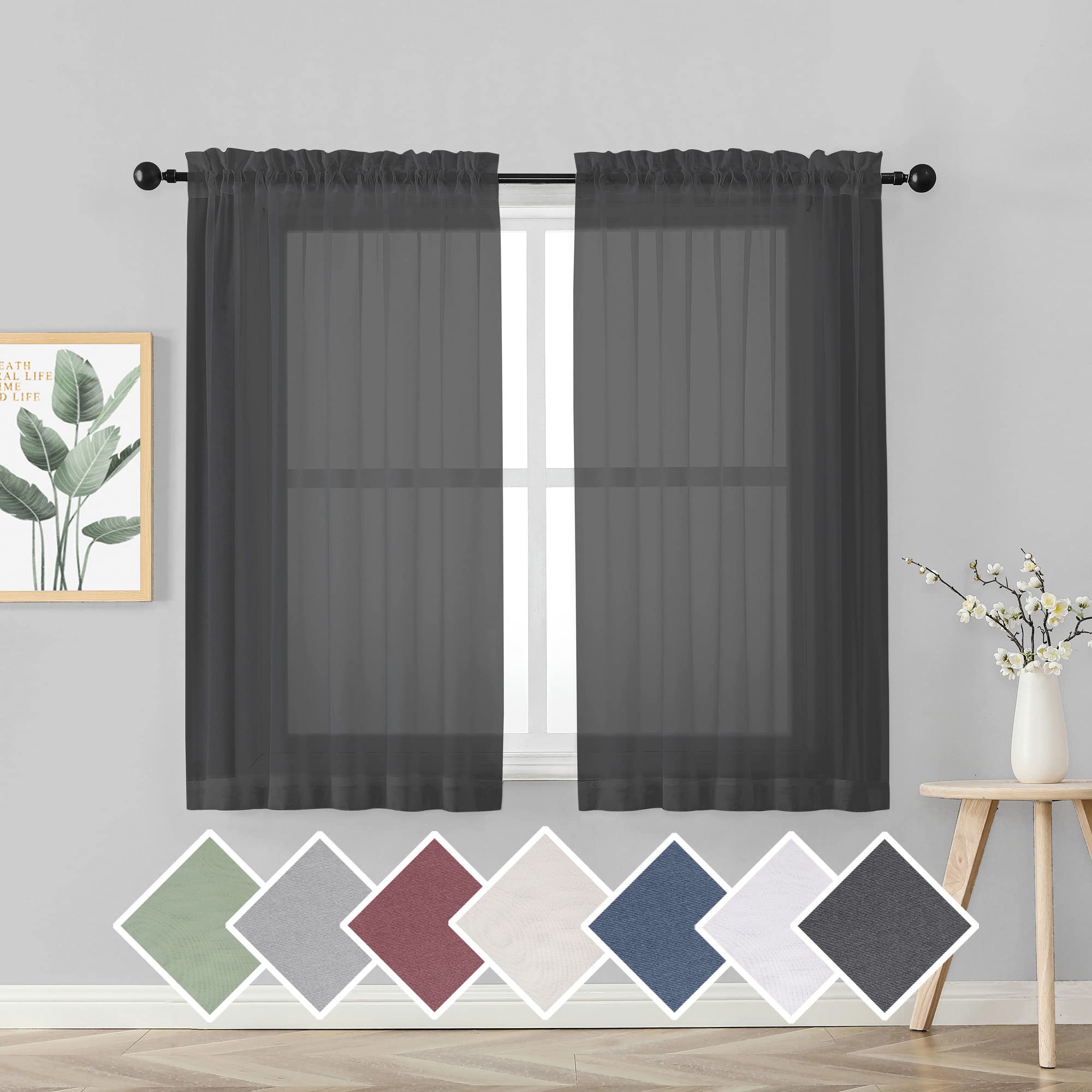 OVZME 45 Inch Black Sheer Voile Curtains - 2 Panel Set with Rod Pocket for Small Windows (42