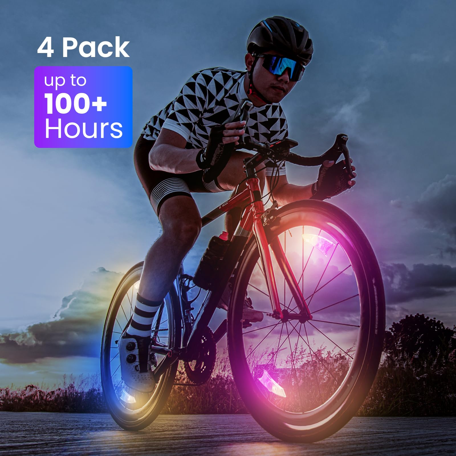 4 Pack LED Bike Wheel Lights - Ultra Bright Bicycle Spoke Lights with 8 Modes, IPX5 Waterproof, Multi-Color Cycling Lights (2 Yellow/Blue + 2 Yellow/Pink) - Includes Batteries for Night Riding Safety & Fun Outdoor Cycling Accessories