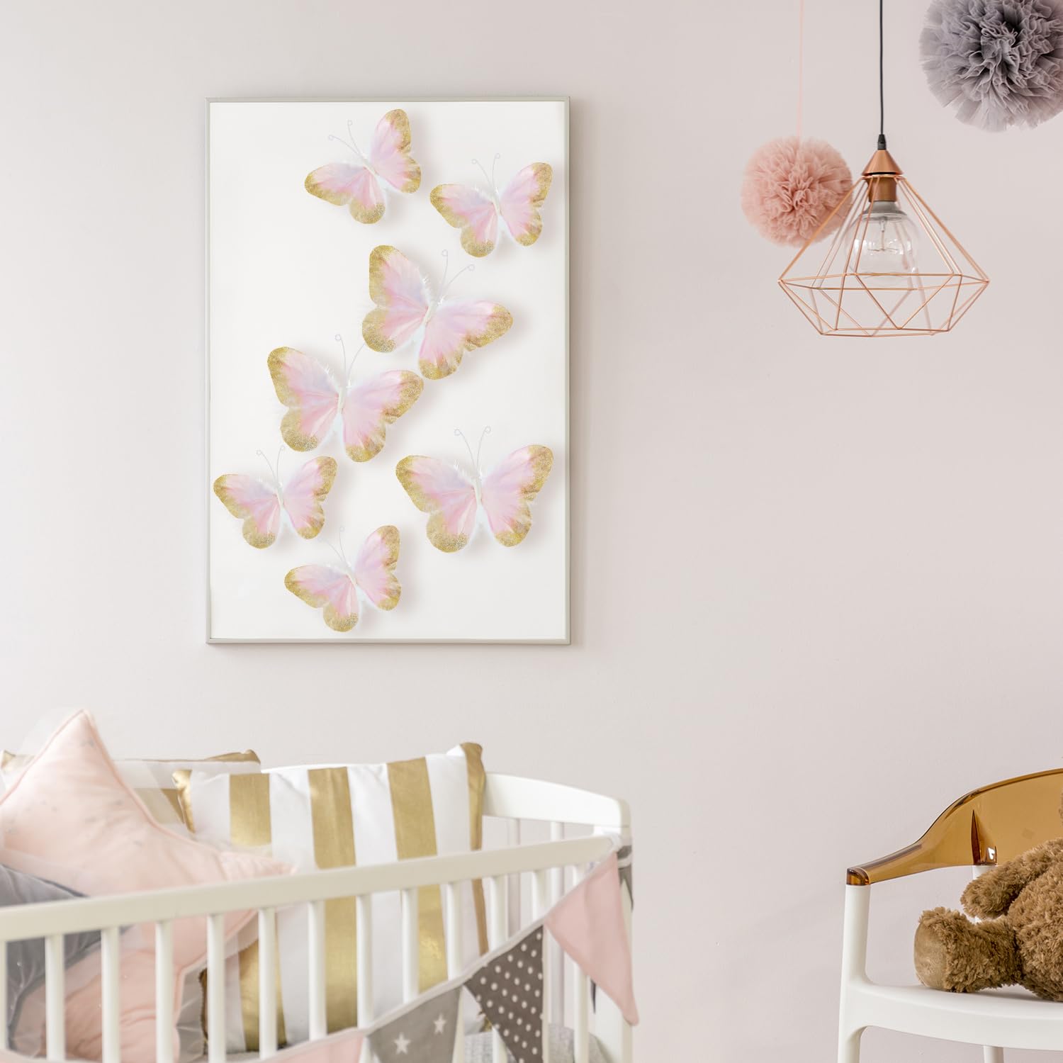 16-Piece 3D Gold Glitter Butterfly Wall Decals - Feather Butterfly Stickers for Home, Office, Bedroom, Bathroom & Living Room Decor (Light Pink) | Perfect for Nursery, Wedding, Party & DIY Wall Art Projects