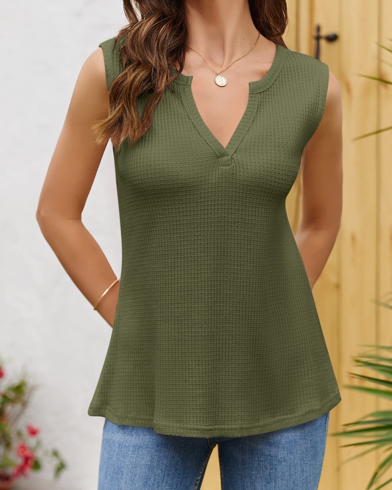 Women's V-Neck Waffle Knit Tank Tops - Summer Casual Sleeveless Loose Fit Tee Shirts for Beach, Yoga, and Everyday Wear