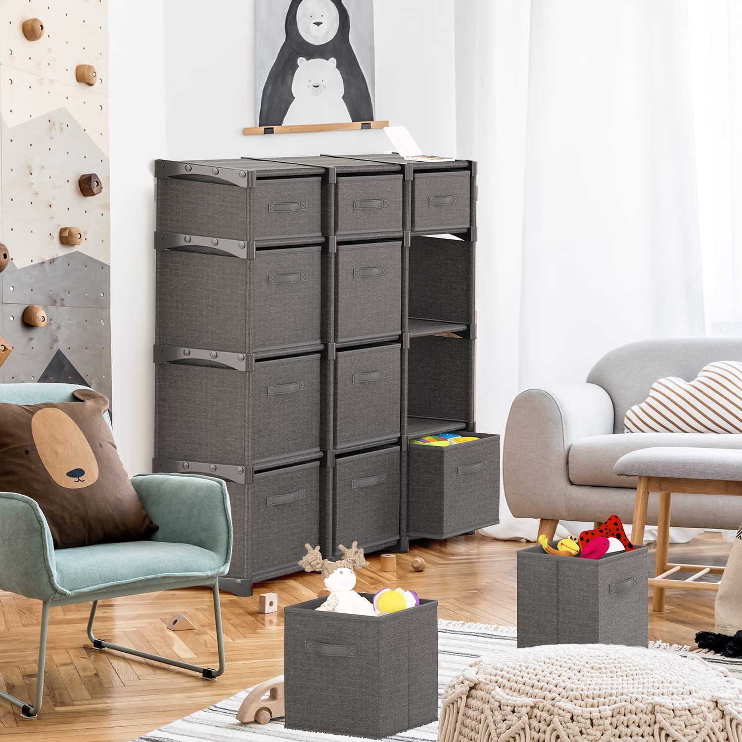 12-Cube Storage Organizer - Gray Modular Shelving Unit with Fabric Bins | DIY Closet, Bedroom & Office Organization | Space-Saving Solution for Toys, Books & Home Decor | Perfect for Playrooms, Dorms & Small Spaces