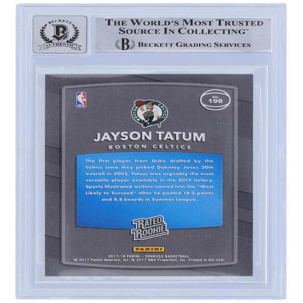 Jayson Tatum Autographed 2017-18 Panini Donruss Celtics Rookie Card #198 BAS Auto 10 - NBA Basketball Memorabilia for Collectors & Fans - Perfect for Display, Investment or Gift Giving