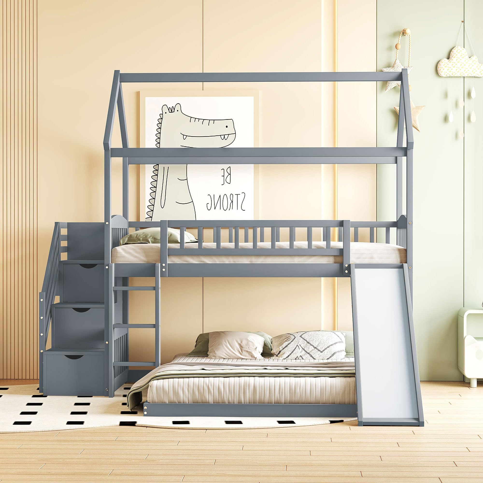 Solid Wood Twin Over Twin Bunk Bed with Slide - Kids House Bed with Storage Staircase, Roof & Guardrails - Safe Loft Bed for Teens, Boys & Girls - Easy Assembly (Gray) - Perfect for Small Bedrooms, Playrooms & Sleepovers