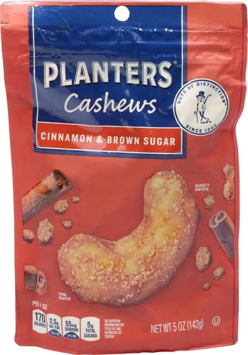 PLANTERS Cashews Cinnamon & Brown Sugar - Roasted Nuts, Sweet & Crunchy Snack, 5 Oz Resealable Bag - Perfect for Parties, Office Snacks & Healthy On-the-Go Treats