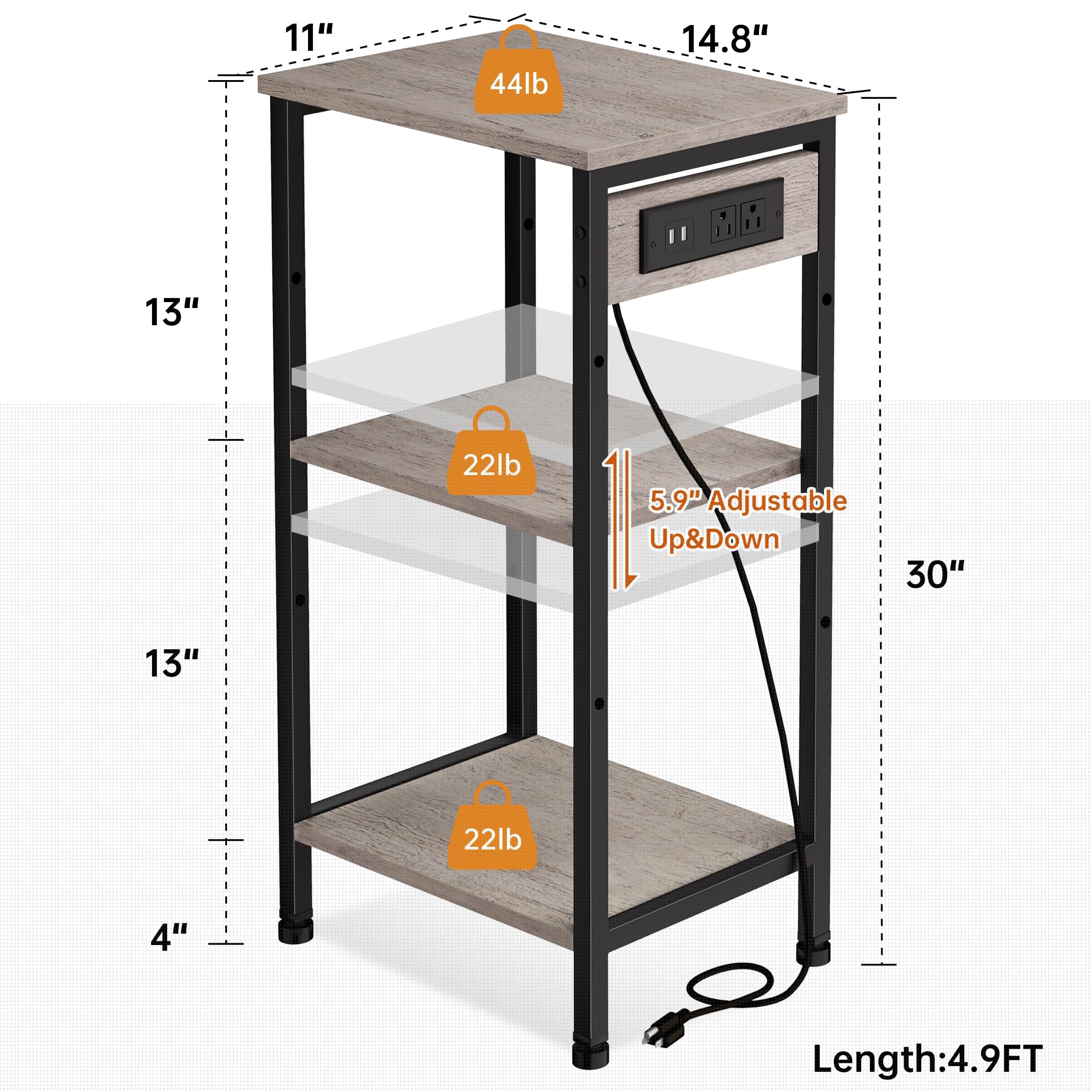3-Tier Tall End Table with USB Charging Station, Adjustable Shelf & Narrow Design - Nightstand for Bedroom, Side Table for Living Room, Office Desk Organizer - Perfect for Small Spaces & Modern Home Decor (Greige)