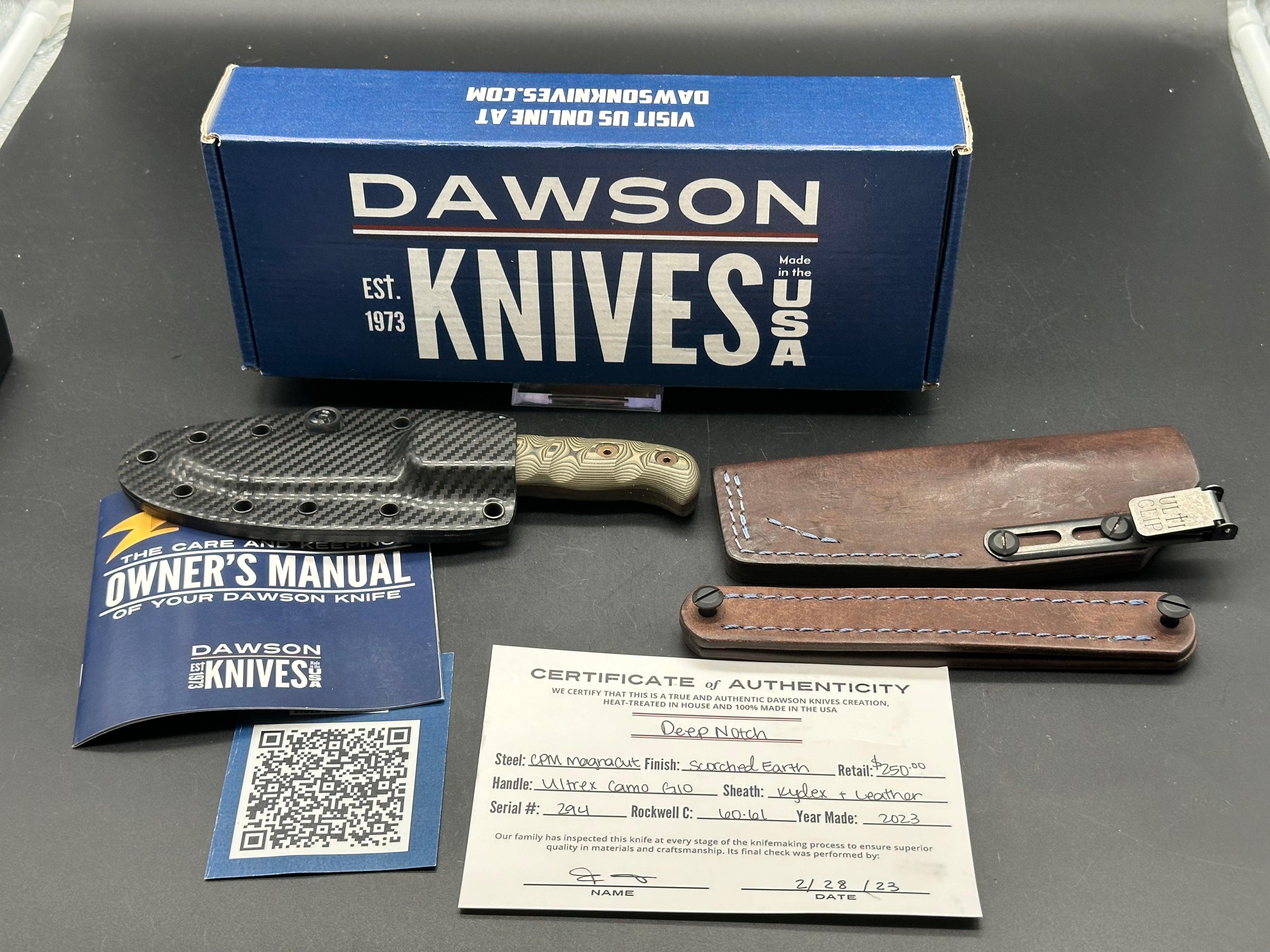 Dawson Deep Notch Magnacut Knife with Ultra Camo Scales & Scorched Earth Blade - Custom Oak City Leather Sheath | Hunting, Camping, Survival Gear & Outdoor EDC Accessories