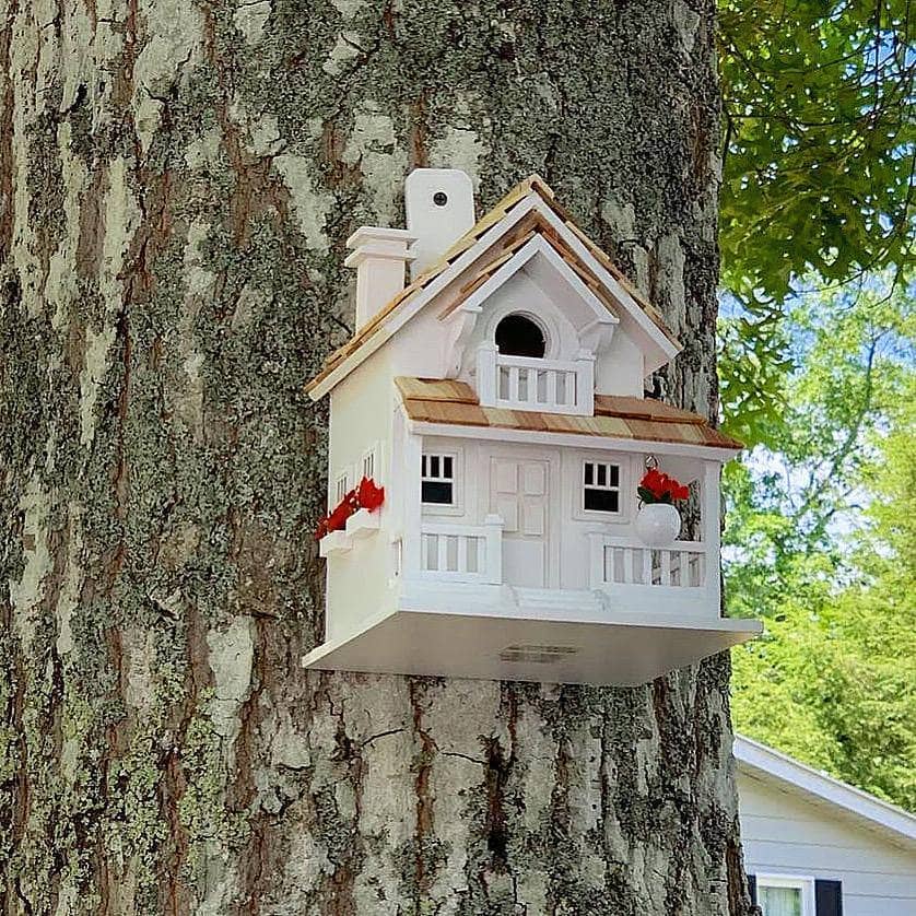 White Veranda Bird House - Handcrafted Wooden Birdhouse for Outdoor Garden Decoration, Attracts Wild Birds - Perfect for Backyard, Patio, and Garden Decor