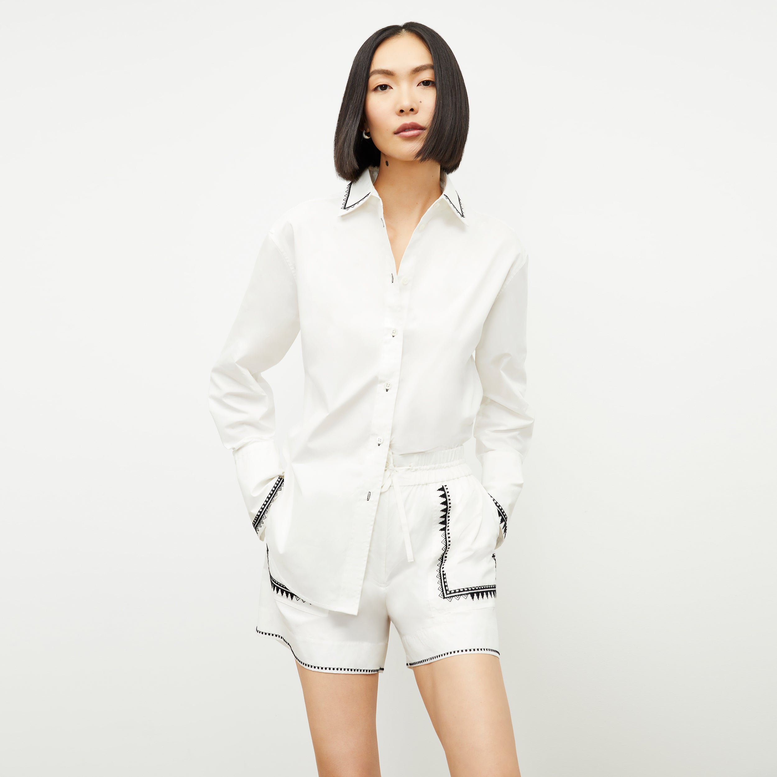 Adina Women's Short Sleeve Poplin Shirt with Embroidery Details - White | Casual Summer Top for Office & Outdoor Activities