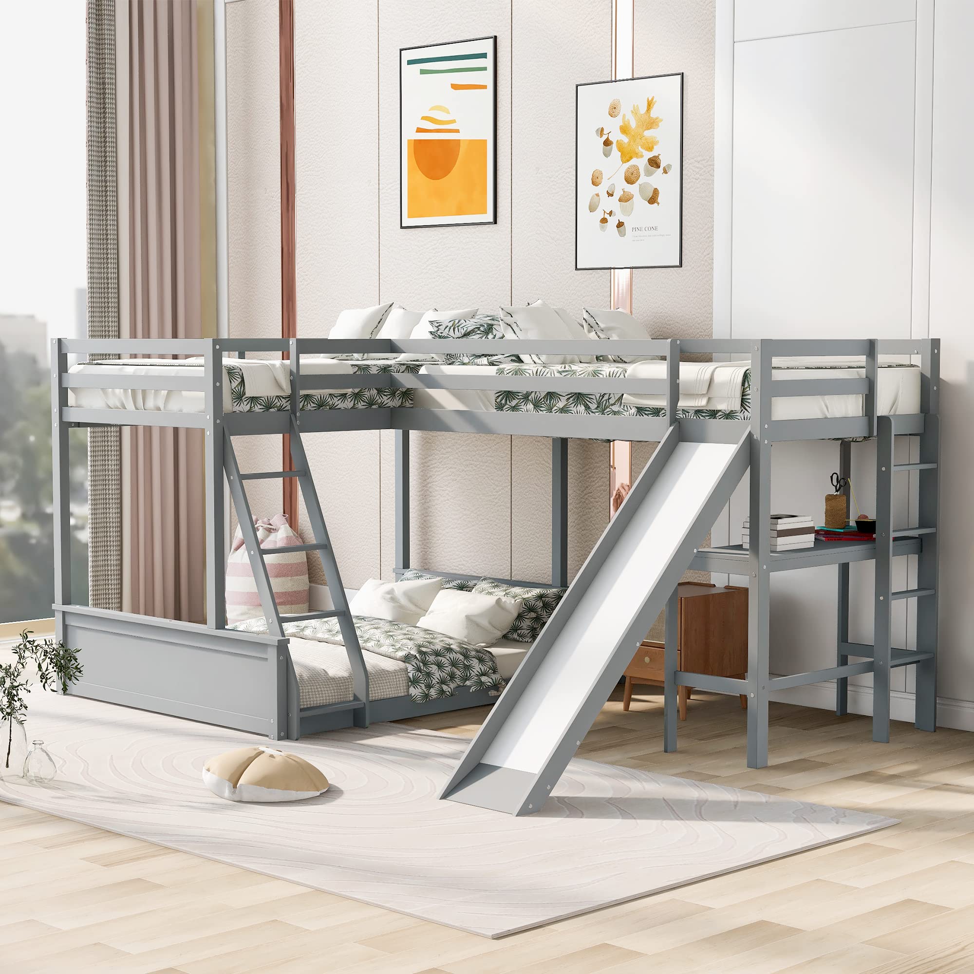 Merax L-Shaped Twin Over Full Bunk Bed with Built-in Desk & Slide - Wooden Loft Bed Frame with Full-Length Guardrail - Space-Saving Kids Bedroom Furniture (Grey) - Perfect for Shared Kids Rooms, Small Spaces & Multi-Functional Bedroom Setup