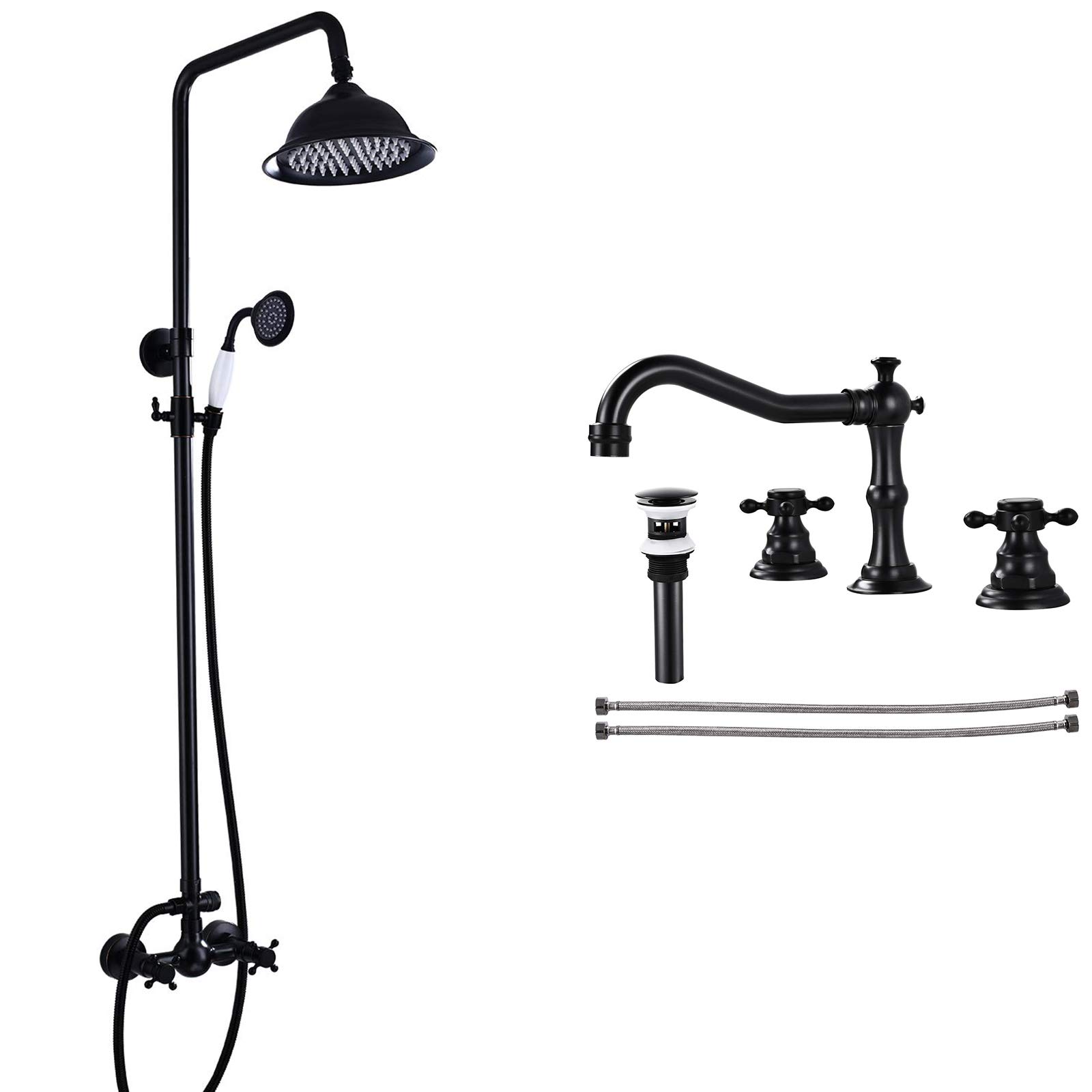 Oil Rubbed Bronze Shower Faucet Set - 8 Inch Rainfall Shower Head with Matte Black Victorian Widespread Deck Mount & Double Cross Handles - Perfect for Modern Bathroom Renovation and Luxury Spa Experience