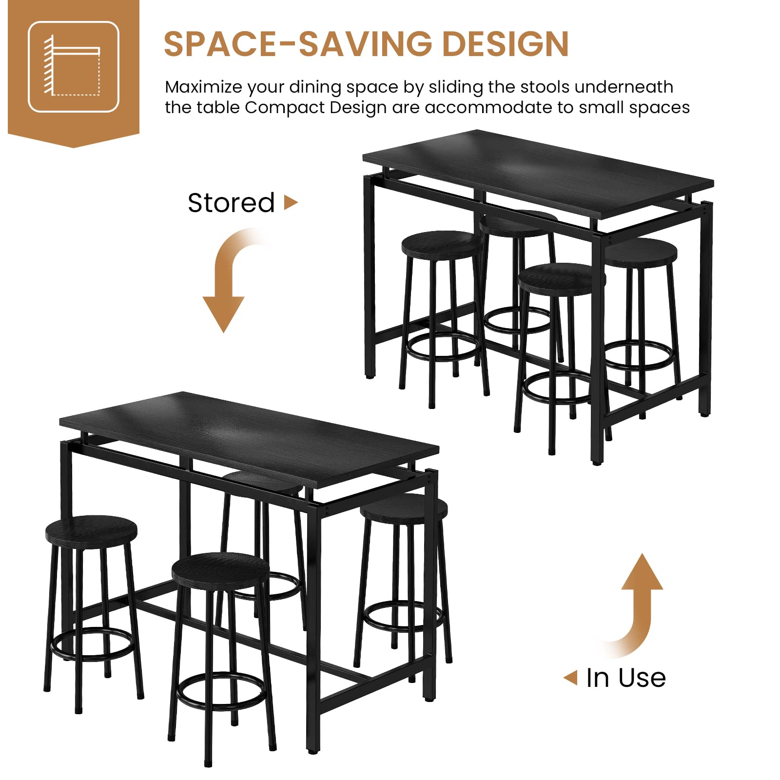 DKLGG 5-Piece Wooden Dining Table Set for 4 - Small Kitchen Table with 4 Stools, Space-Saving Bar Height Table & Chairs Set - Perfect for Breakfast Nook, Small Apartments & Cozy Dining Spaces