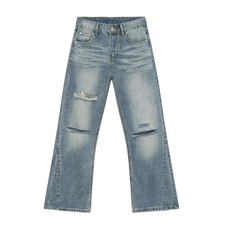 Stylish American Men's Denim Pants - Distressed Hole Design, Wide Leg & Straight Fit Casual Jeans for Men | Solid Color Chic Male Bottoms (9C6608) | Perfect for Streetwear, Everyday Fashion & Urban Outfits