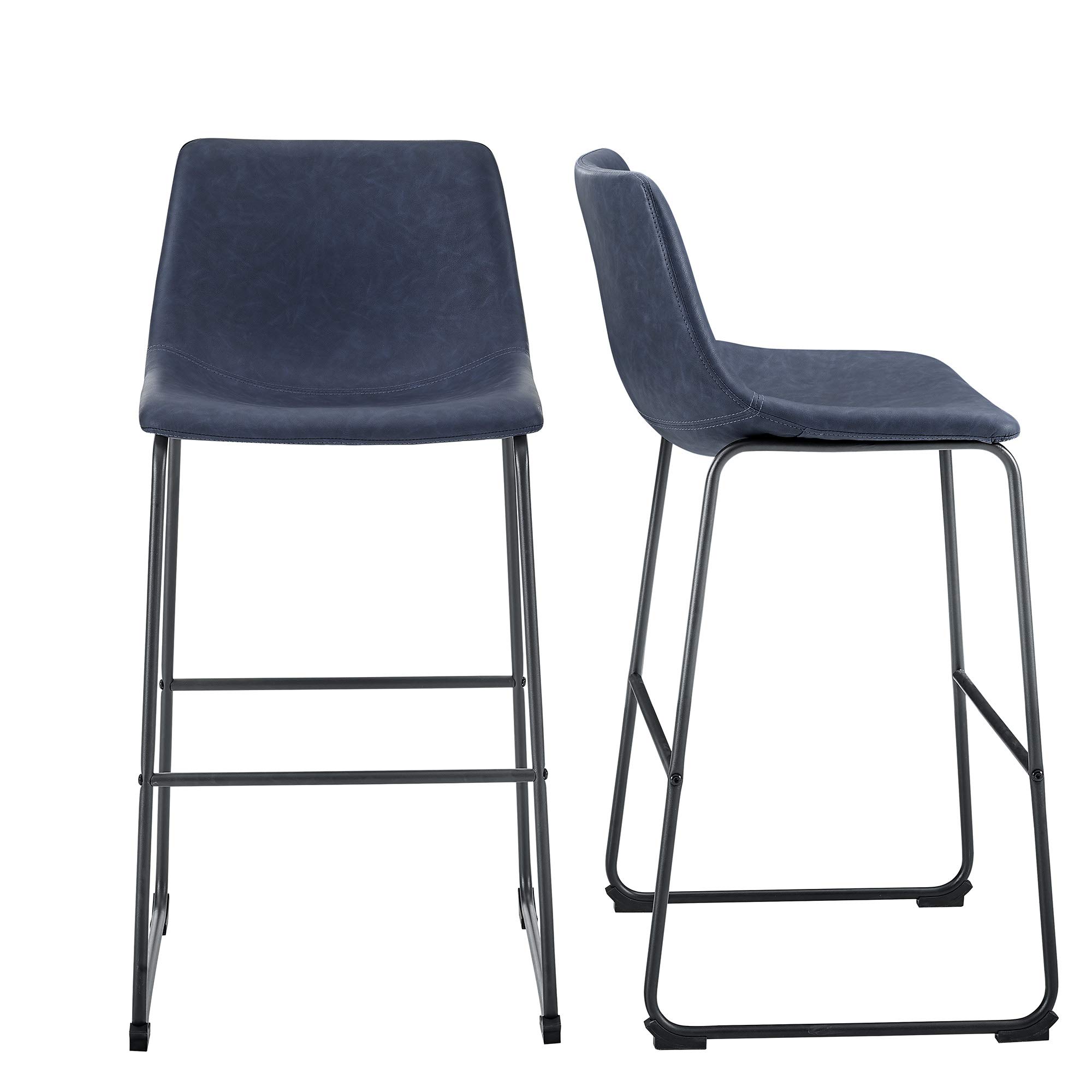 Walker Edison Douglas Urban Industrial Faux Leather Armless Bar Stools, Set of 2, Navy Blue - Perfect for Kitchen Islands, Breakfast Bars & Home Bars