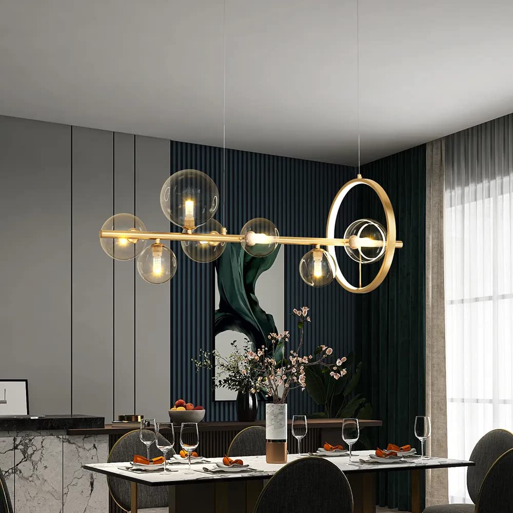 LOVEDIMA Gold Linear Lantern Pendant Lighting - Modern 7-Light Metal Kitchen Island Chandelier with Glass Globe Shade | Hanging Ceiling Light Fixture for Dining Room, Foyer & Farmhouse Decor