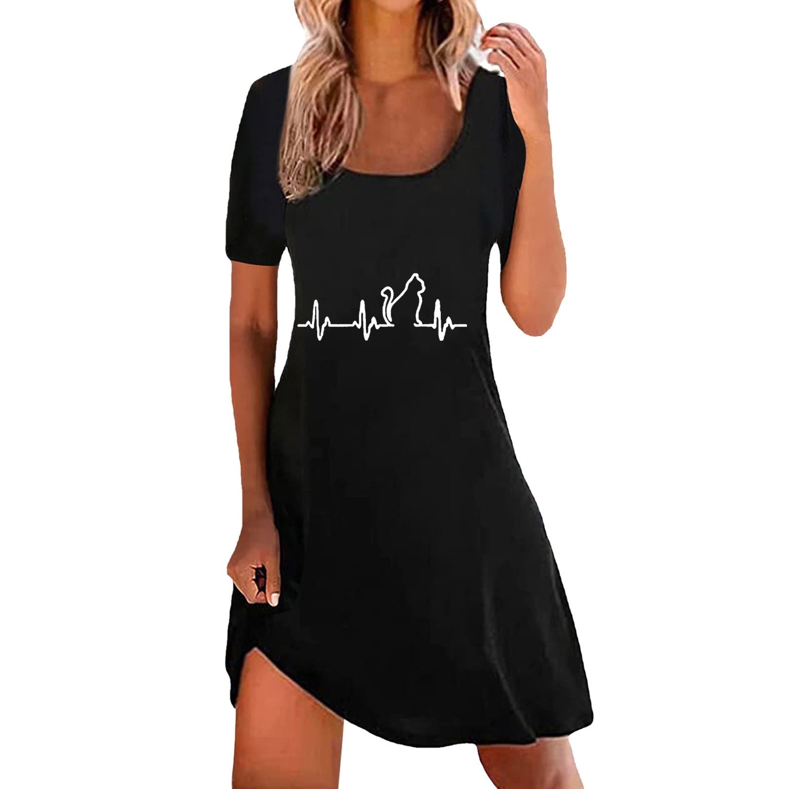 Women's Summer Fashion Dress - Round Neck Short Sleeve Solid Color Casual Elegant Loose Dress in Black | Perfect for Beach, Party & Everyday Wear