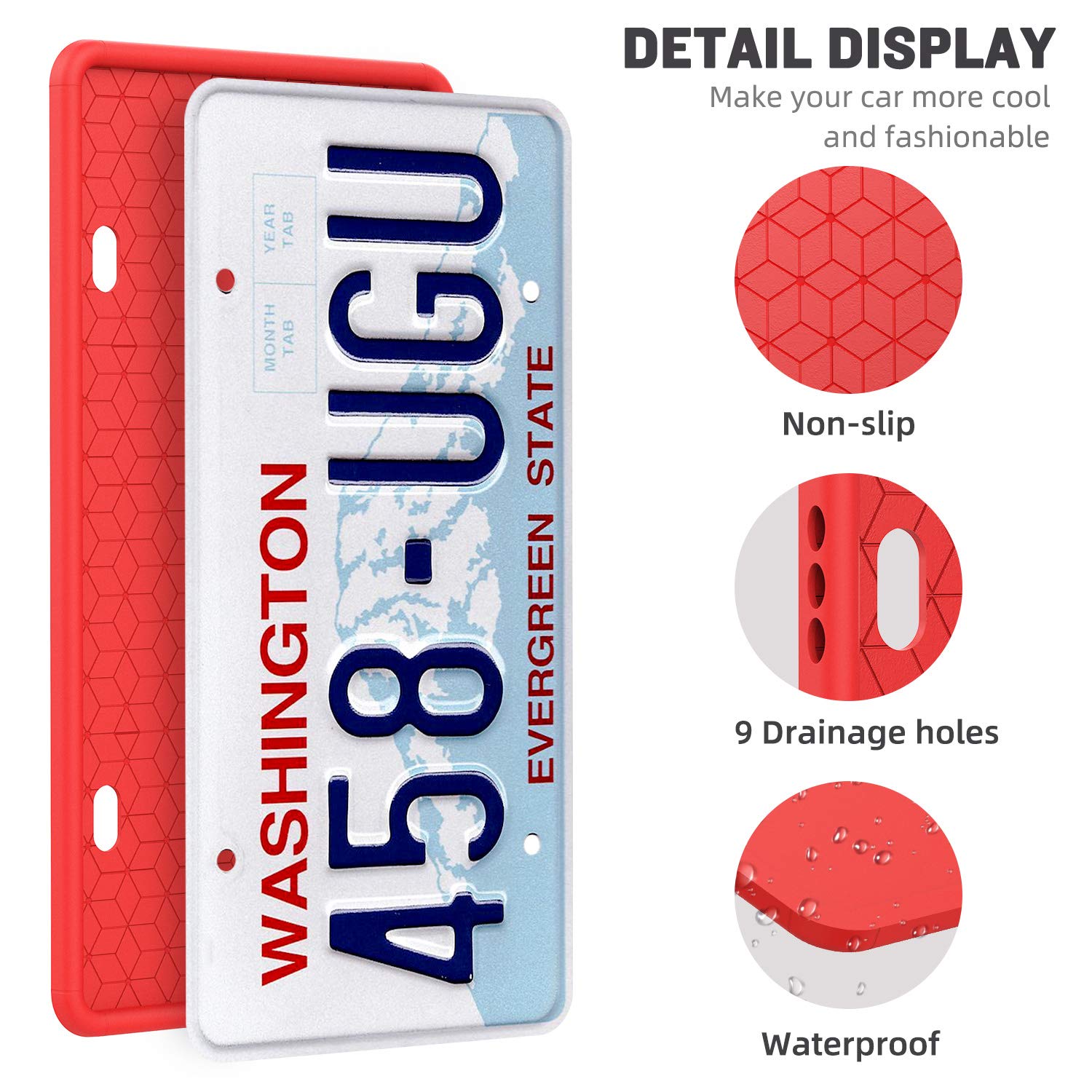 2 Pack Silicone License Plate Frame Set - Rustproof & Weatherproof Front & Back License Plate Cover with Anti-Rattle Design - Fits US & CA Standard Cars + 2 Bonus Non-Slip Drink Coasters (Red) - Perfect for Car Enthusiasts & Daily Commuters