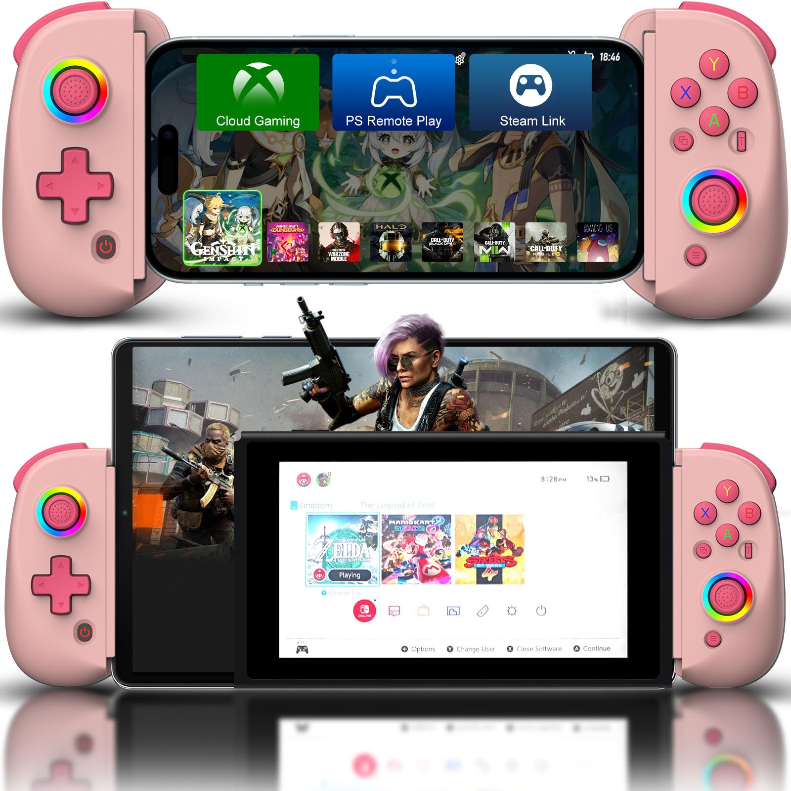 Wireless Gaming Controller for iPhone iPad Android Tablet - Hall Effect Joysticks, Compatible with PC Nintendo Switch, PS Remote Play, COD Mobile, Genshin Impact - Pink | Perfect for Cloud Gaming & Mobile Esports