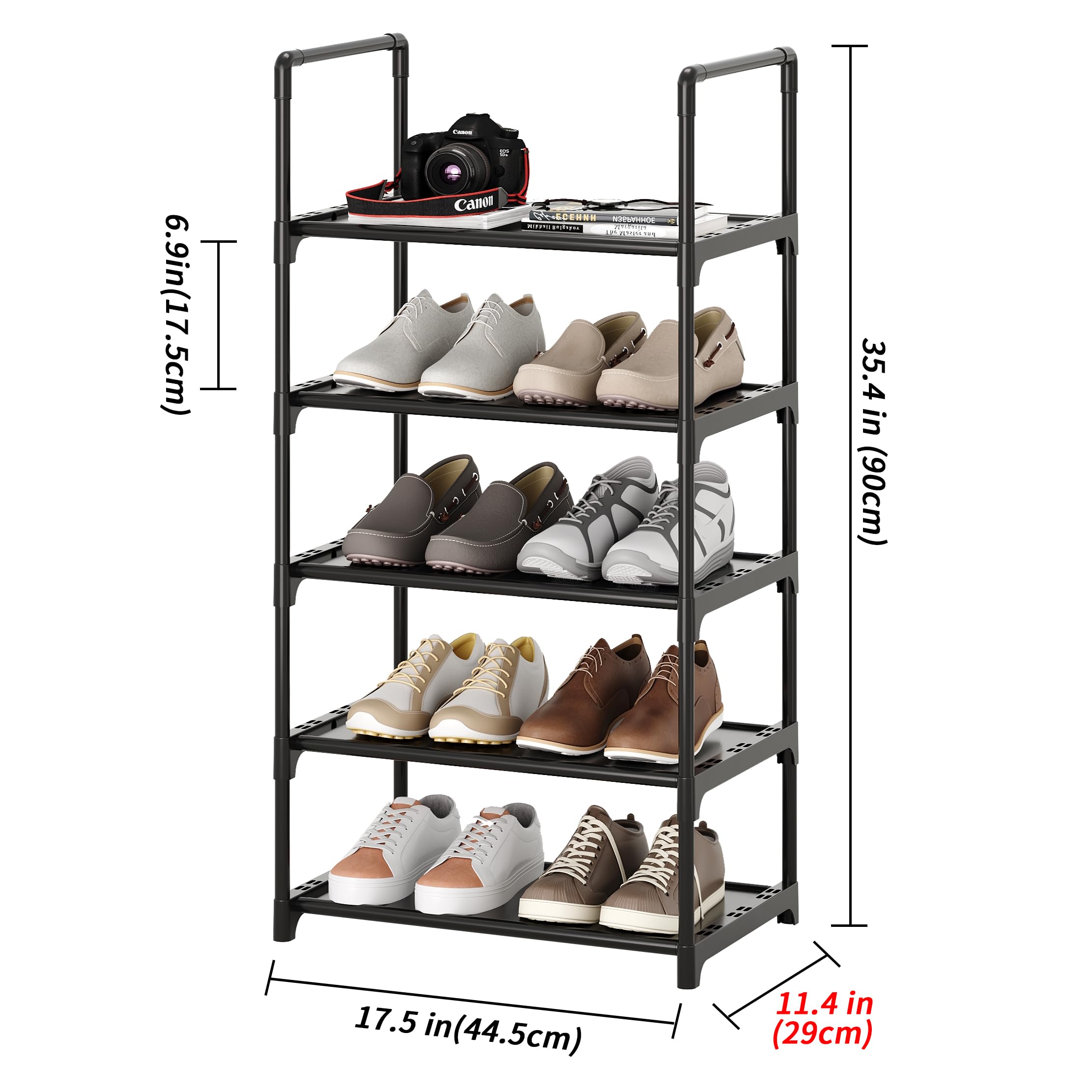 5-Tier Stackable Shoe Rack Organizer - Space Saving Shoe Storage Shelf for Entryway, Hallway, Closet, Bathroom & Living Room - Perfect for Small Spaces & Apartment Organization (Black)