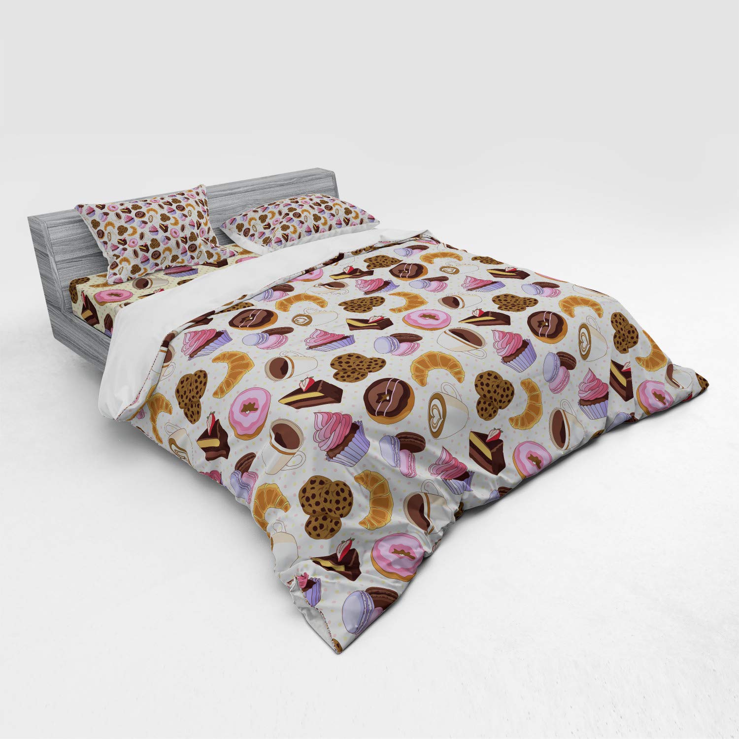 Ambesonne Coffee Themed Bedding Set - 4 Piece King Size Duvet Cover with Pillow Shams & Fitted Sheet - Coffee Shop Design with Cups, Cookies, Cake & Chocolate Art - Perfect for Coffee Lovers' Bedroom Decor