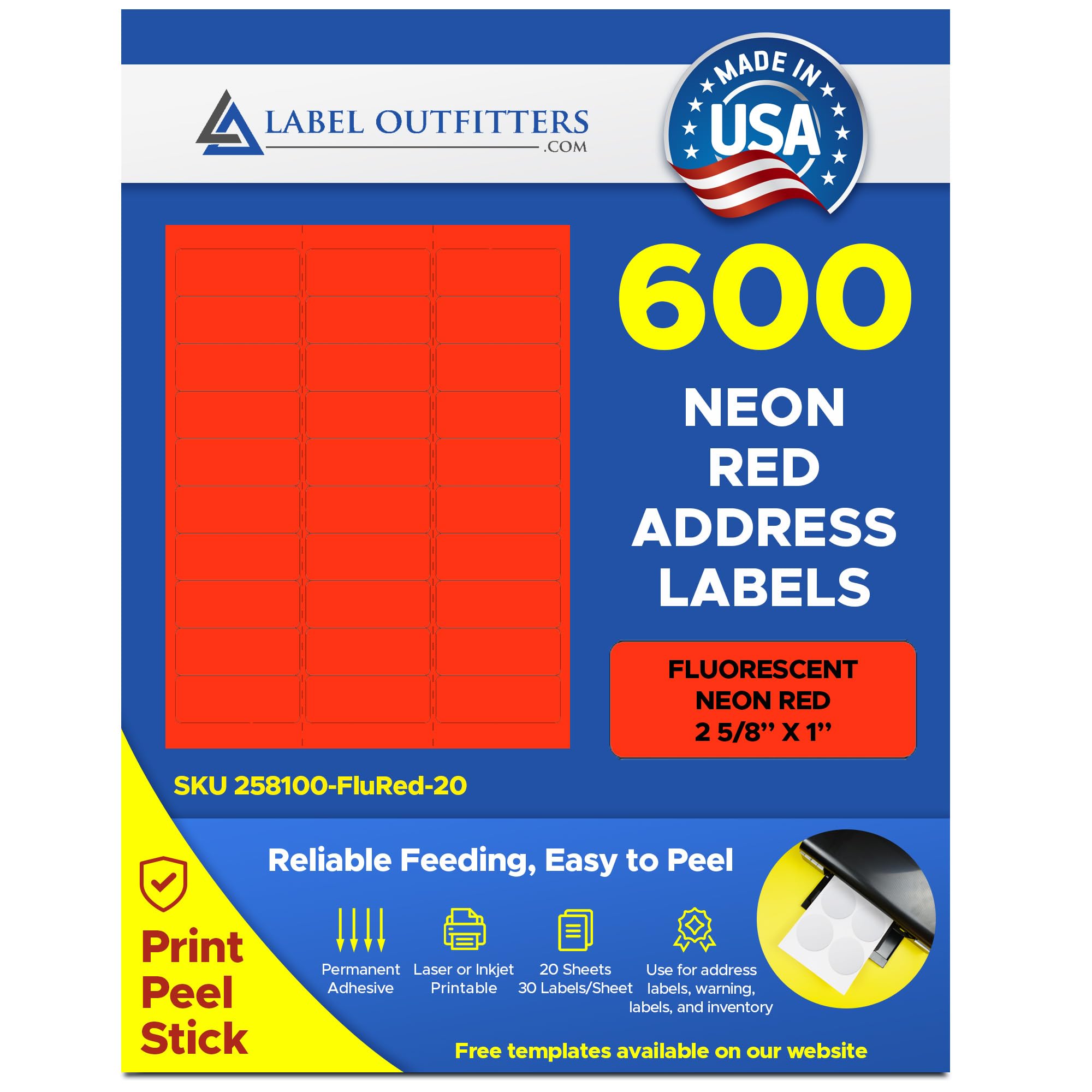 600 Label Outfitters 1” x 2 5/8” Fluorescent Neon Red Address Labels for Shipping, Mailing & Organizing – 20 Sheets per Pack – Perfect for Packages, Envelopes & File Folders