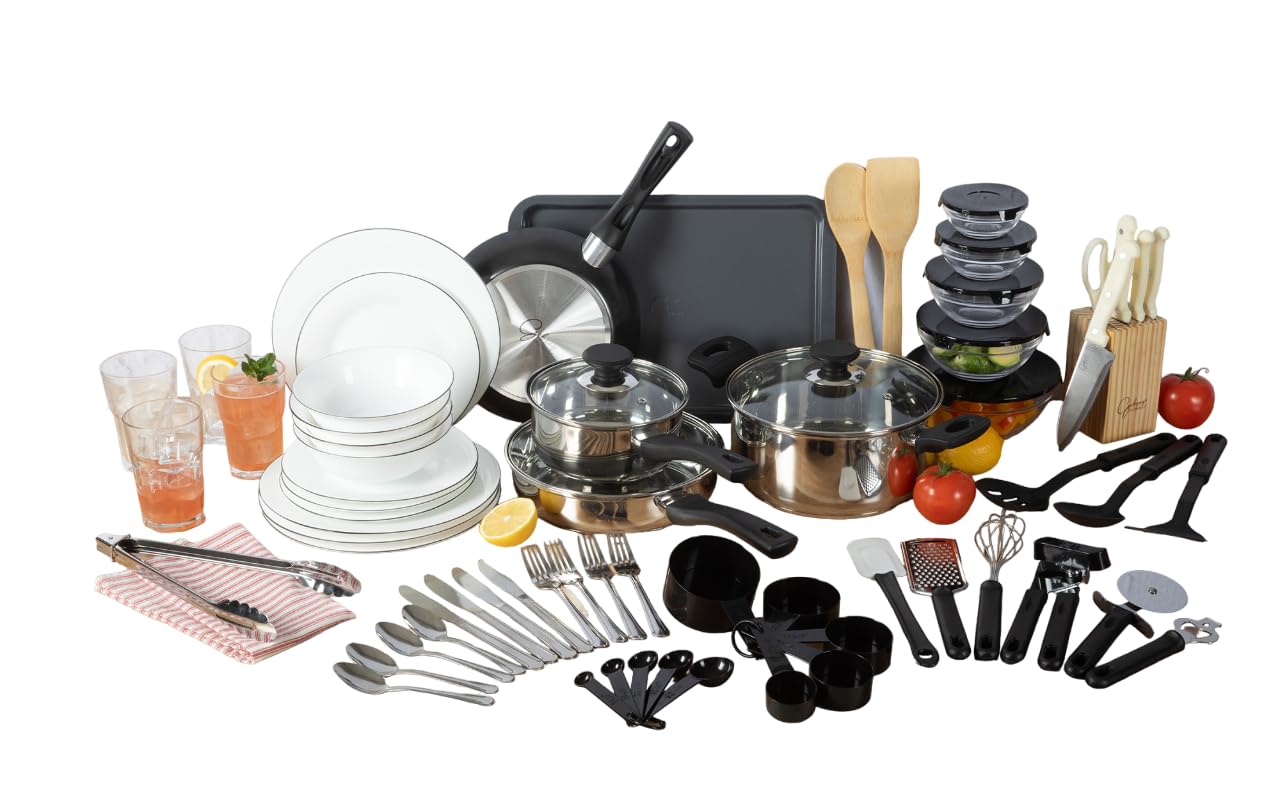 Gibson Home 74-Piece Complete Kitchen Set - Pots & Pans Cookware, Dinner Plates & Bowls, Knife Block with Cutlery, Flatware Utensils, Kitchen Tools & Gadgets, Storage Containers, Drinking Glasses - Perfect for Small Apartments, College Dorms & Starter Homes