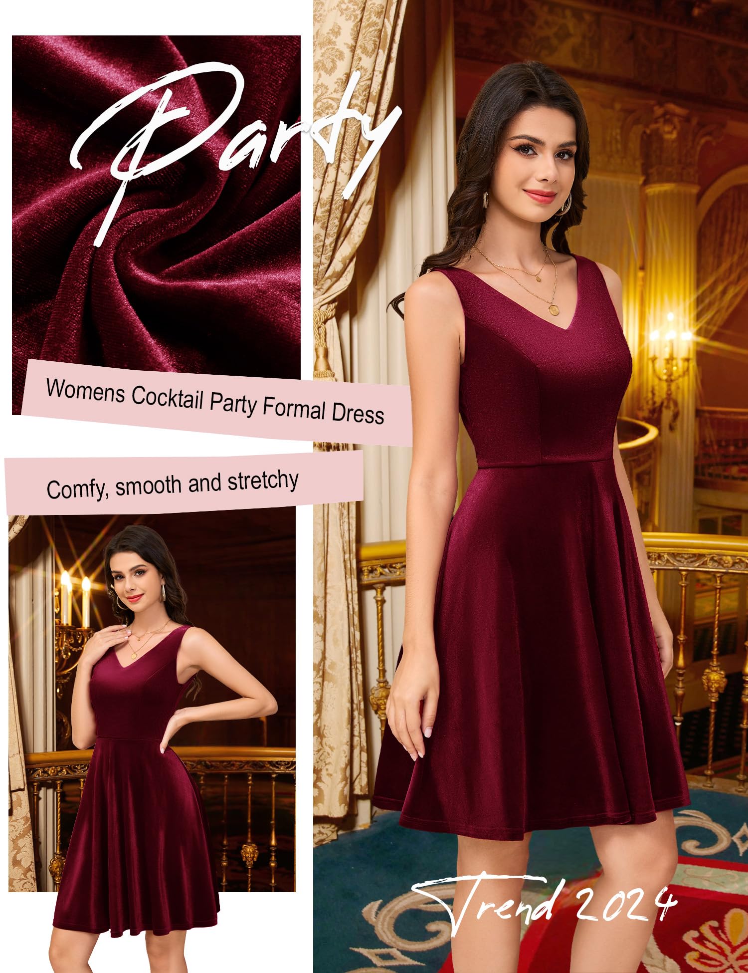 Dressystar Women's V Neck Velvet Cocktail Dress - Flared A-line Formal Party Dress for Wedding Guest, Evening Events & Holiday Celebrations
