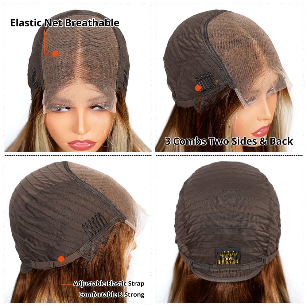 Ombre Blonde & Brown Highlight 20 Inch Human Hair Lace Front Wig - 5x5 Straight Lace Closure Wig for Black Women - Perfect for Daily Wear, Cosplay, and Special Occasions