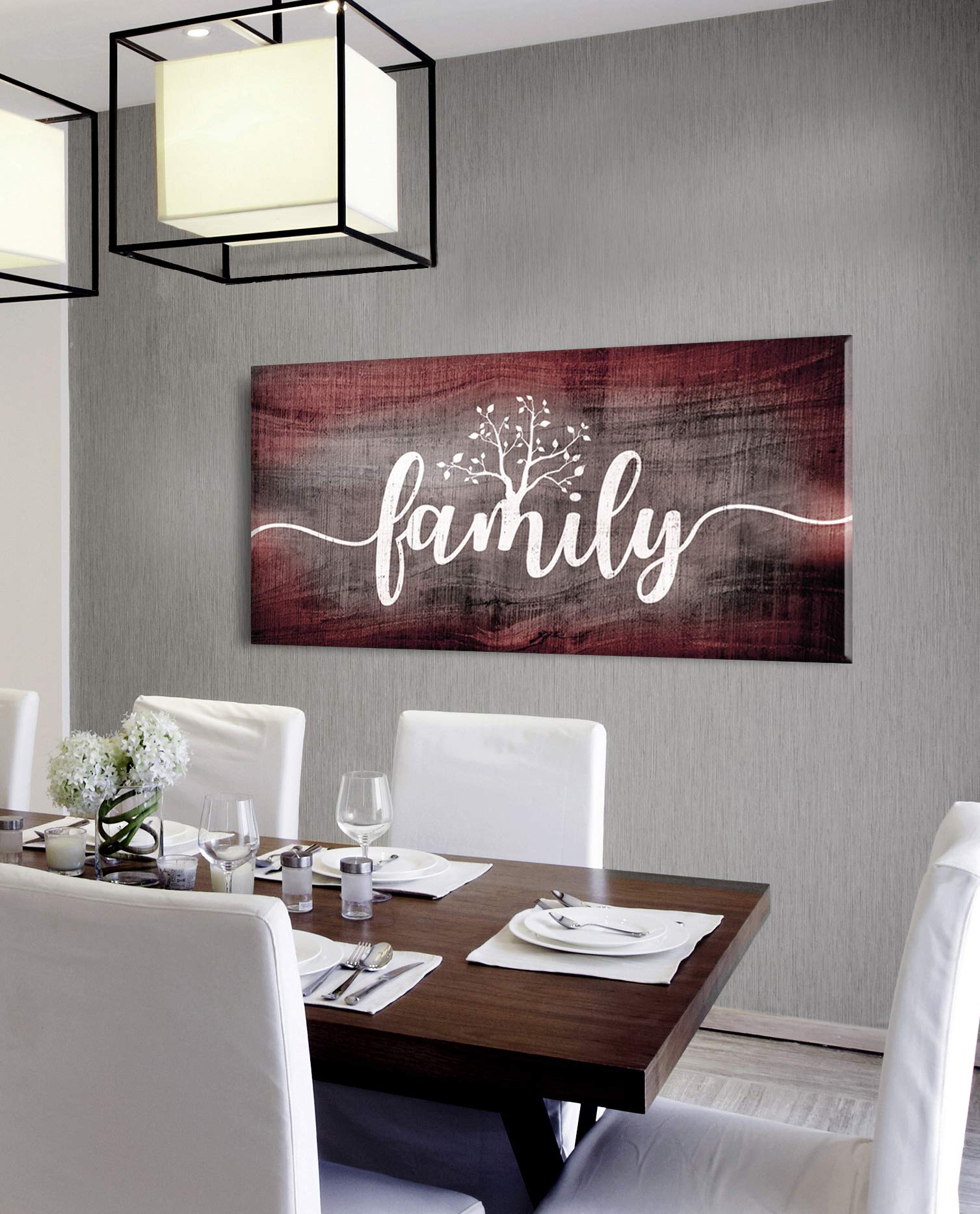 Farmhouse Family Word Sign Wall Art - Large 60 x 27 Inch Ready to Hang Living Room Decor - Rustic Country Wall Hanging for Home, Bedroom & Entryway (Wine Red)