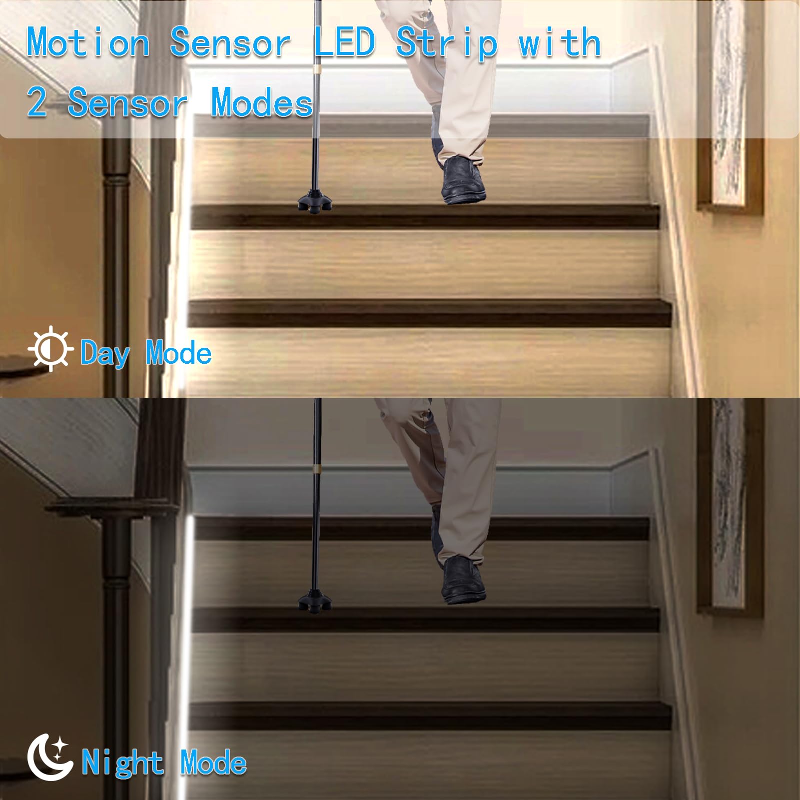 Echosari 9.8Ft 90 LED Motion Sensor Cabinet Lights - Battery Operated Strip Lighting for Kitchen, Closet, Wardrobe & Stairs - Cool White Night Sensor Safe Tape Light for Home & Office Use