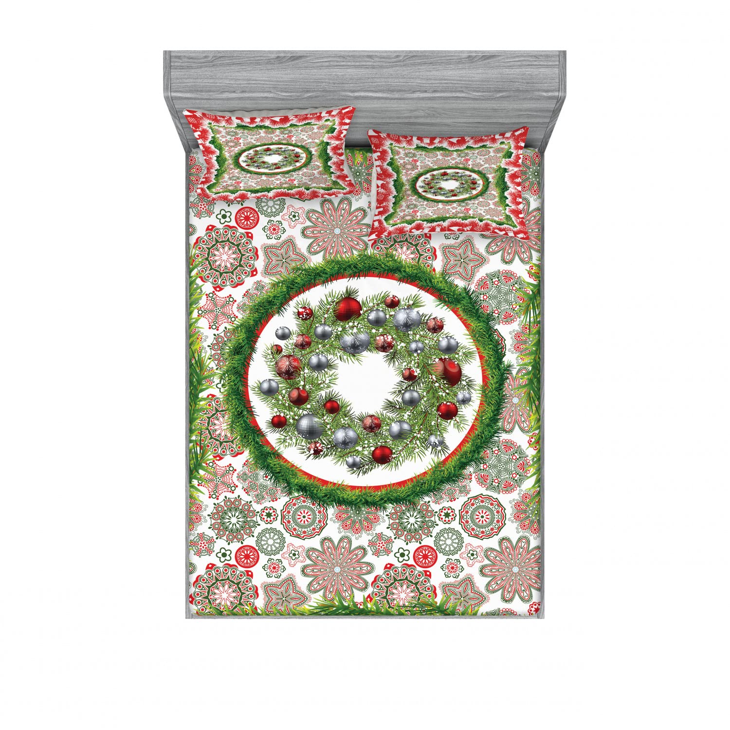 Ambesonne Christmas 2-Pack Queen Size Fitted Sheet Set with 4 Pillow Shams - Holiday Fir Wreath Ornament Design Bedding Decor for Festive Home Decorating | Perfect for Guest Rooms, Holiday Parties & Cozy Winter Nights