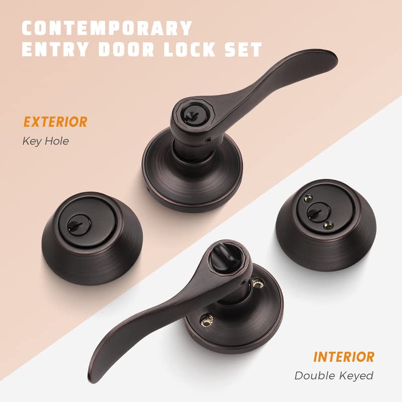 KNOBWELL 1 Pack Keyed Entry Door Levers - Exterior Door Lock Set with Double Keyed Deadbolt, Reversible for Right/Left Hand, Keyed Alike, Oil Rubbed Bronze Finish - Perfect for Front Doors, Back Doors & Home Security