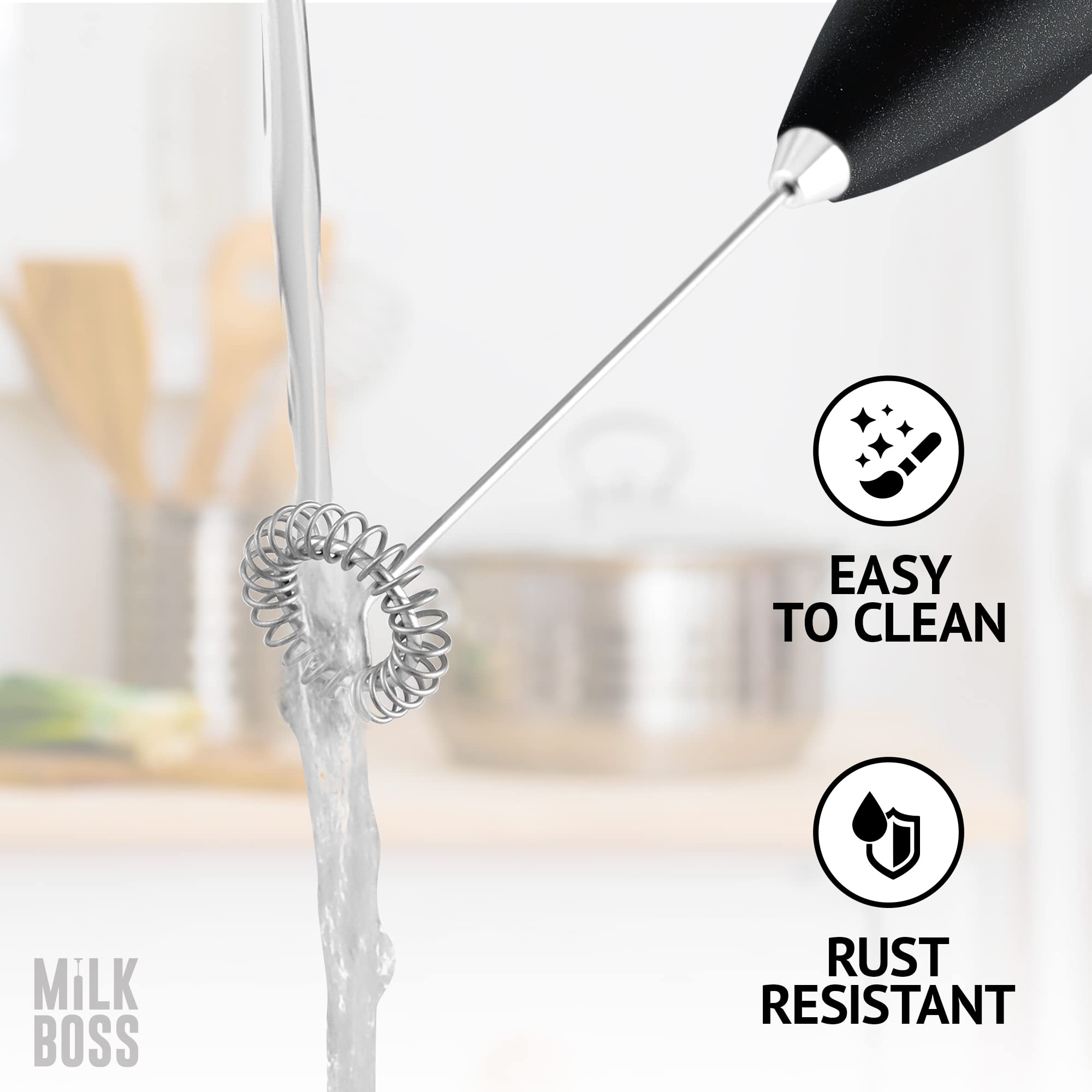 Premium Handheld Milk Frother for Coffee, Matcha & Hot Chocolate - Automatic Electric Foam Maker - Mini Drink Mixer Wand by Milk Boss (Black) - Perfect for Lattes, Cappuccinos & Home Baristas