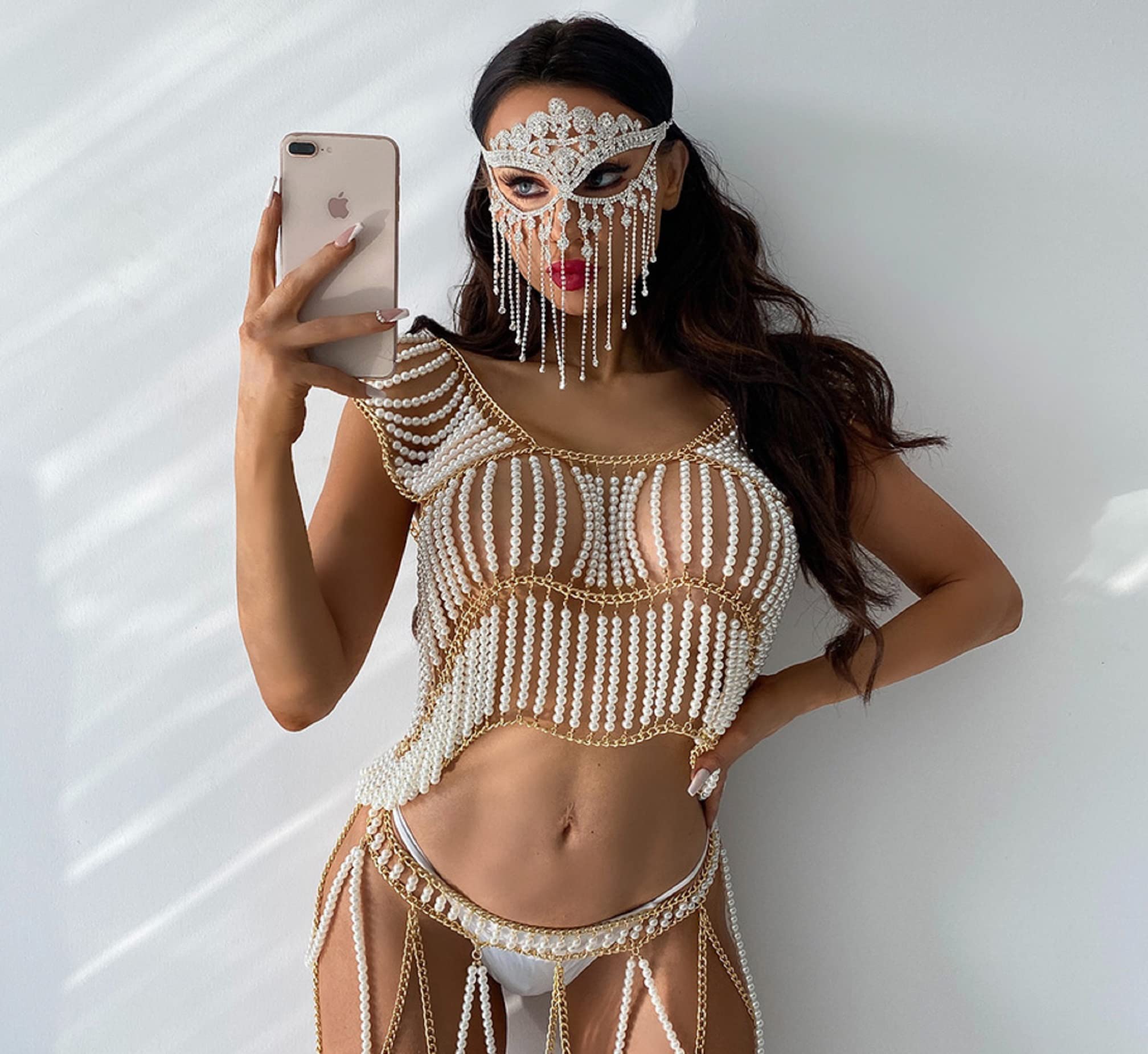 CCbodily Rhinestone Face Mask for Women - Crystal Face Chain Masquerade Mask, Elegant Rhinestone Mask for Parties, Halloween, Cosplay & Special Events