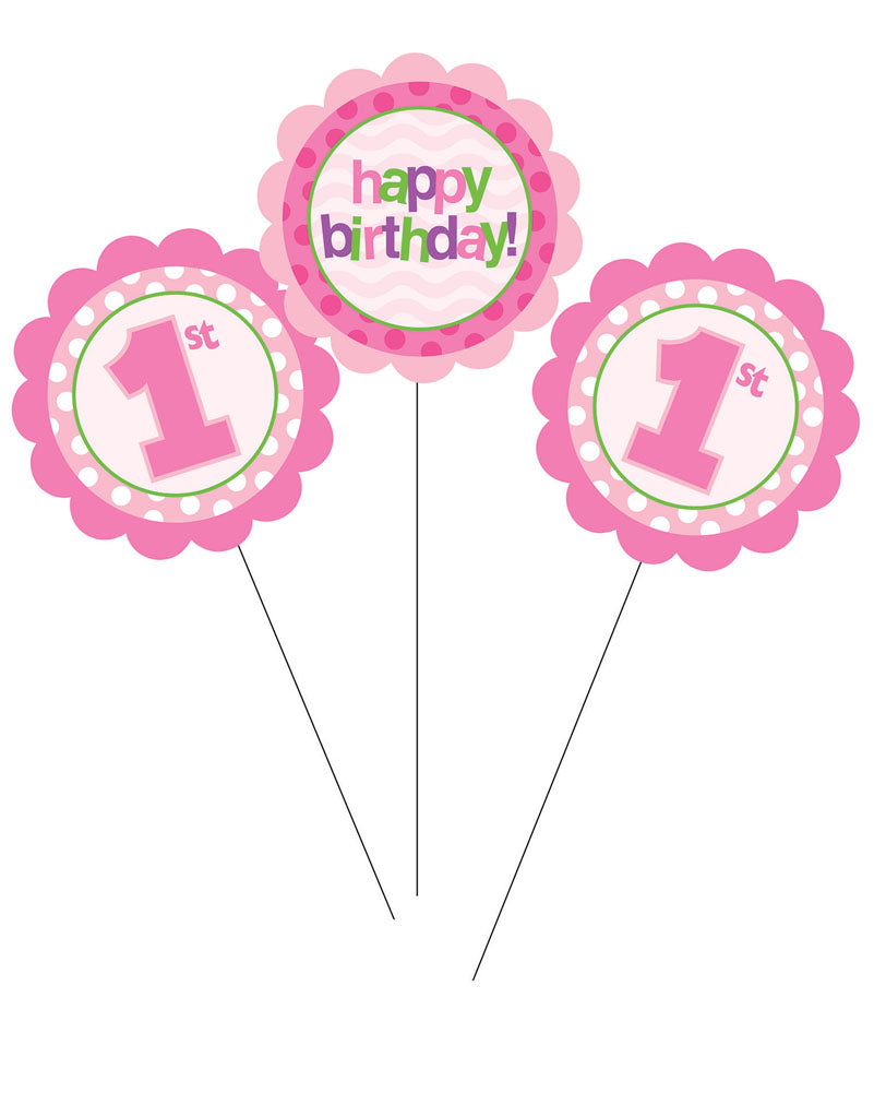 1st Birthday Party Decorations - Pink Assorted Centrepiece Sticks Pack of 3 for Baby Girl's First Birthday Cake Toppers & Table Decor