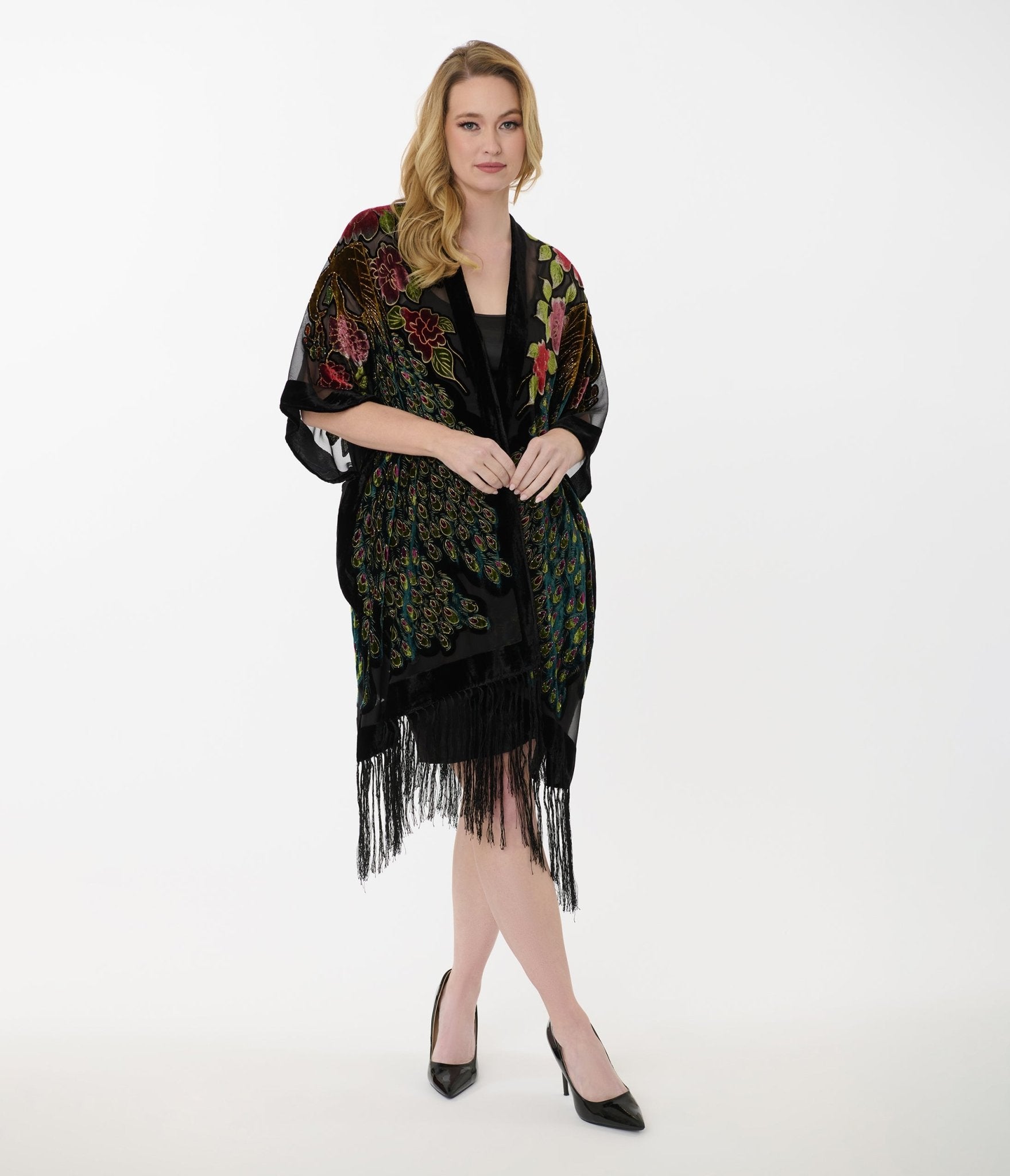 1920s Black Velvet Burnout Peacock Floral Fringe Scarf Coat - Vintage Flapper Shawl for Evening Parties, Costume Events & Gatsby-Themed Occasions