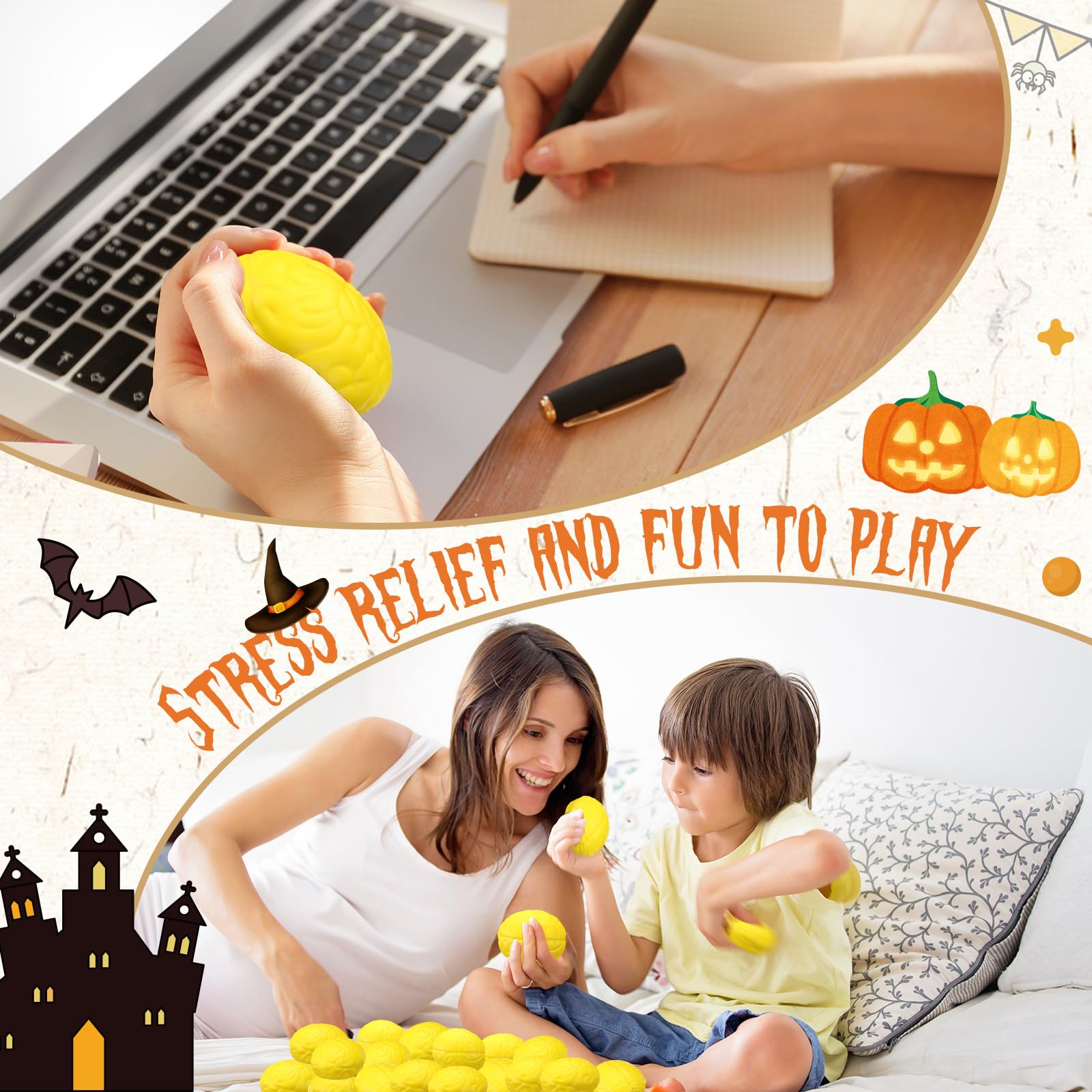 12 Pack Brain Stress Balls - Halloween Party Favors, PU Hand Exercise Balls for Stress Relief & Grip Strength Training - Fun Sensory Toys for Teens & Adults - Great for Office, Classroom, and Therapy Use (Yellow)