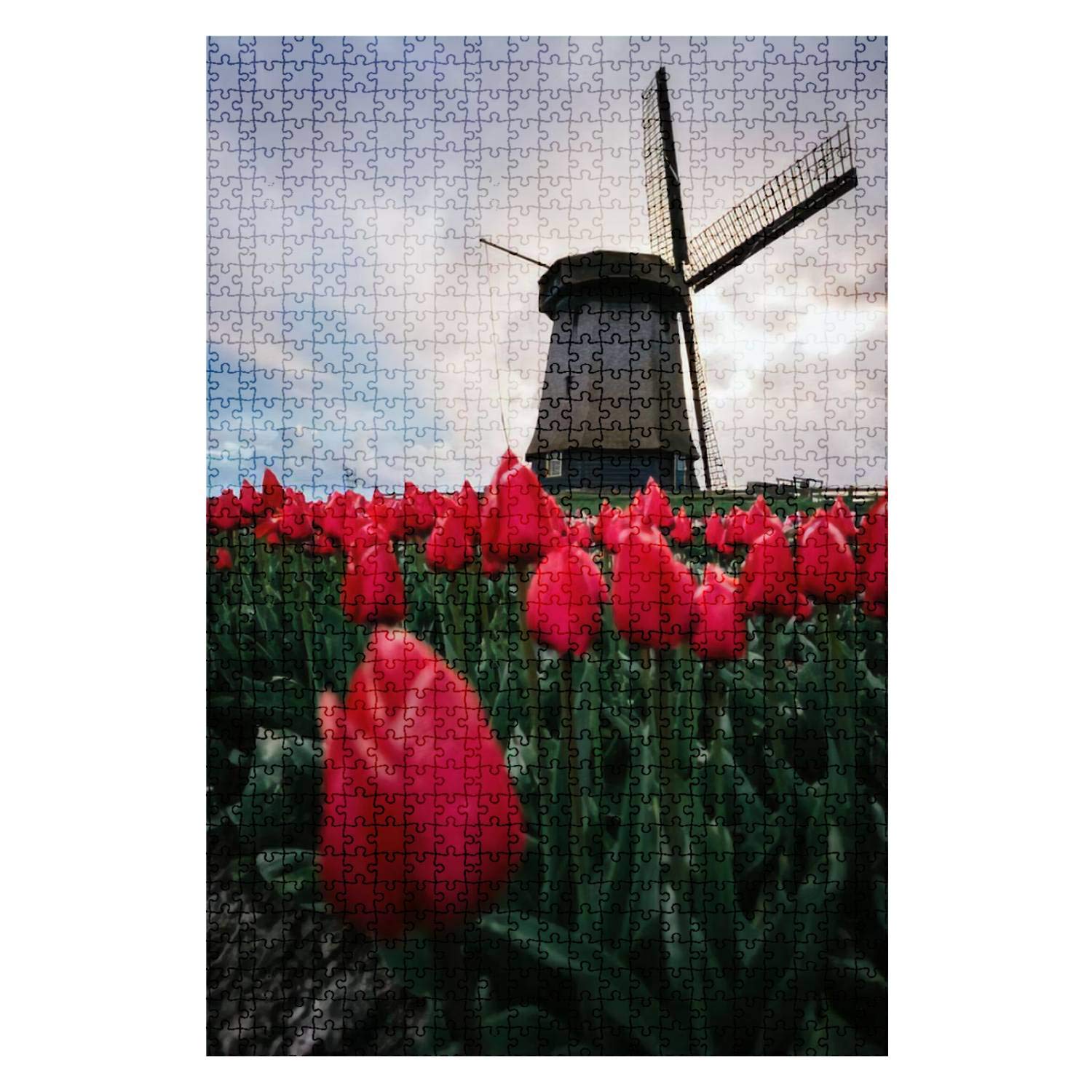 1000-Piece Wooden Jigsaw Puzzle - Netherlands Windmills & Tulips Scenery - Challenging DIY Puzzle for Adults & Kids - Perfect for Family Game Night & Home Decor
